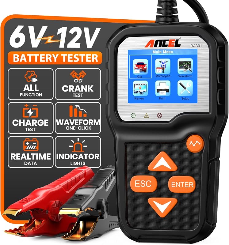 BA301 6V 12V Probador de batería de automóvil, 100-2000 CCA Probador de carga automotriz Probador de alternador Analizador de batería digital automático Sistema de arranque y carga Herramienta de prueba para motocicleta, automóvil, barco, camión, SUV, ATV