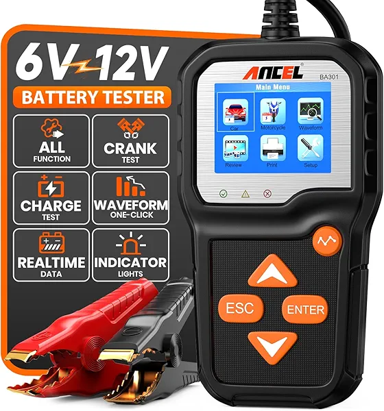 ANCEL BA301 6V 12V Car Battery Tester, 100-2000 CCA Automotive Load Tester Alternator Tester Auto Digital Battery Analyzer Cranking and Charging System Test Tool for Motorcycle Car Boat Truck SUV ATV