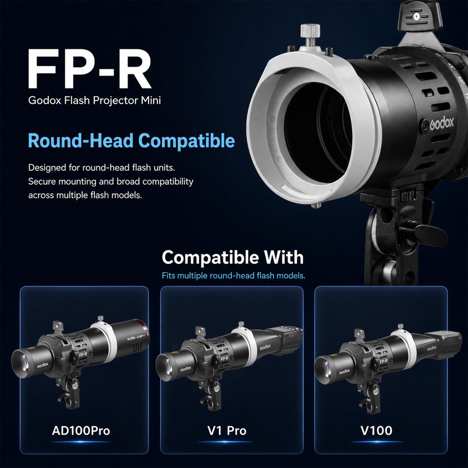 Godox FP-R-36 - Proiettore flash per flash a testa tonda, 36° flash proiettore per V1 V1Pro V100 AD100Pro H200R, rotazione a 360°, 4 pale, alloggiamento in metallo, per gobos e pellicole colorate