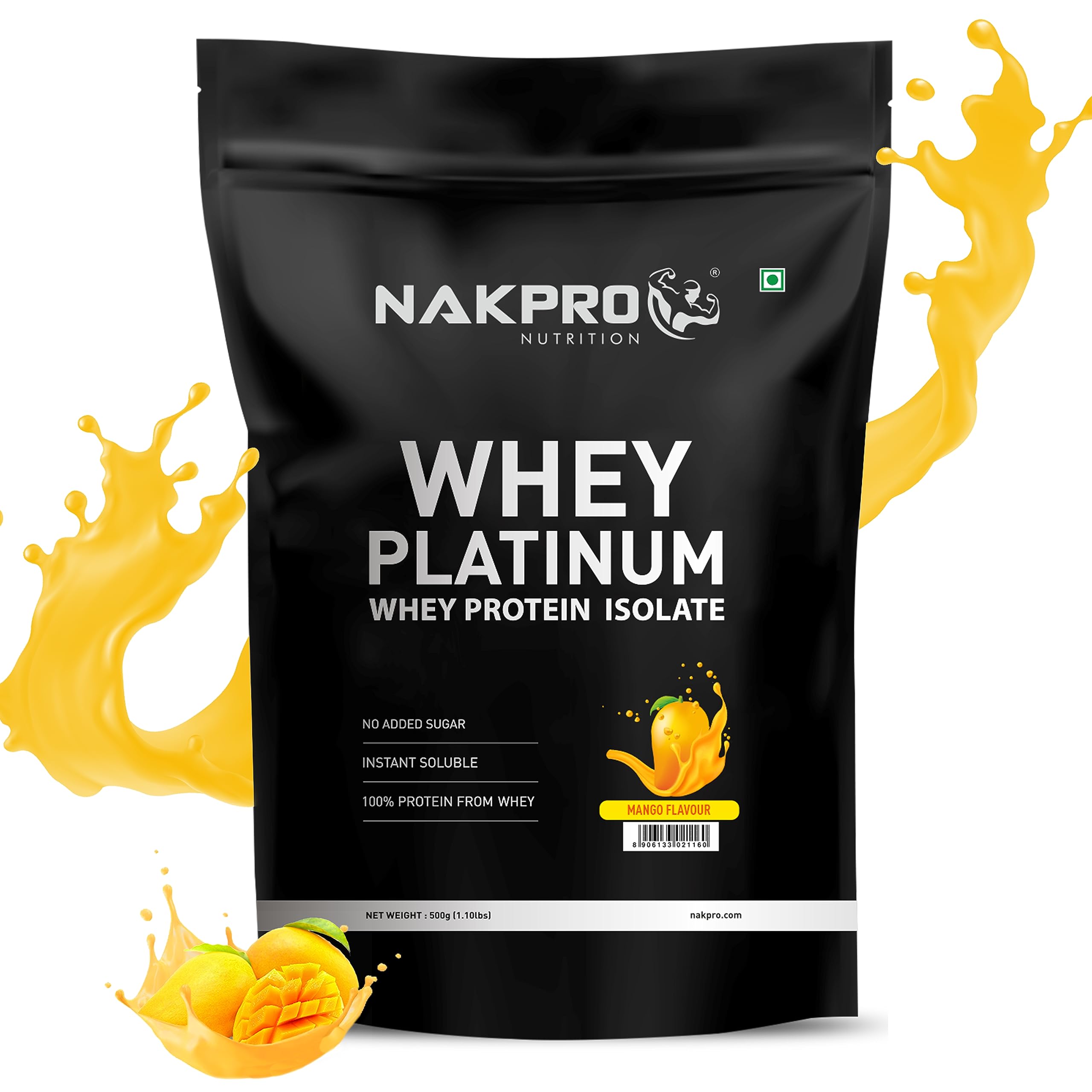 NAKPRO Platinum Whey Protein Isolate 500g Mango | 28g Protein, 6.4g BCAA | Trustified Certified 100% Authentic Supplement Powder & No Adulteration | Low Carbs, Fast Absorbing Whey Protein Powder