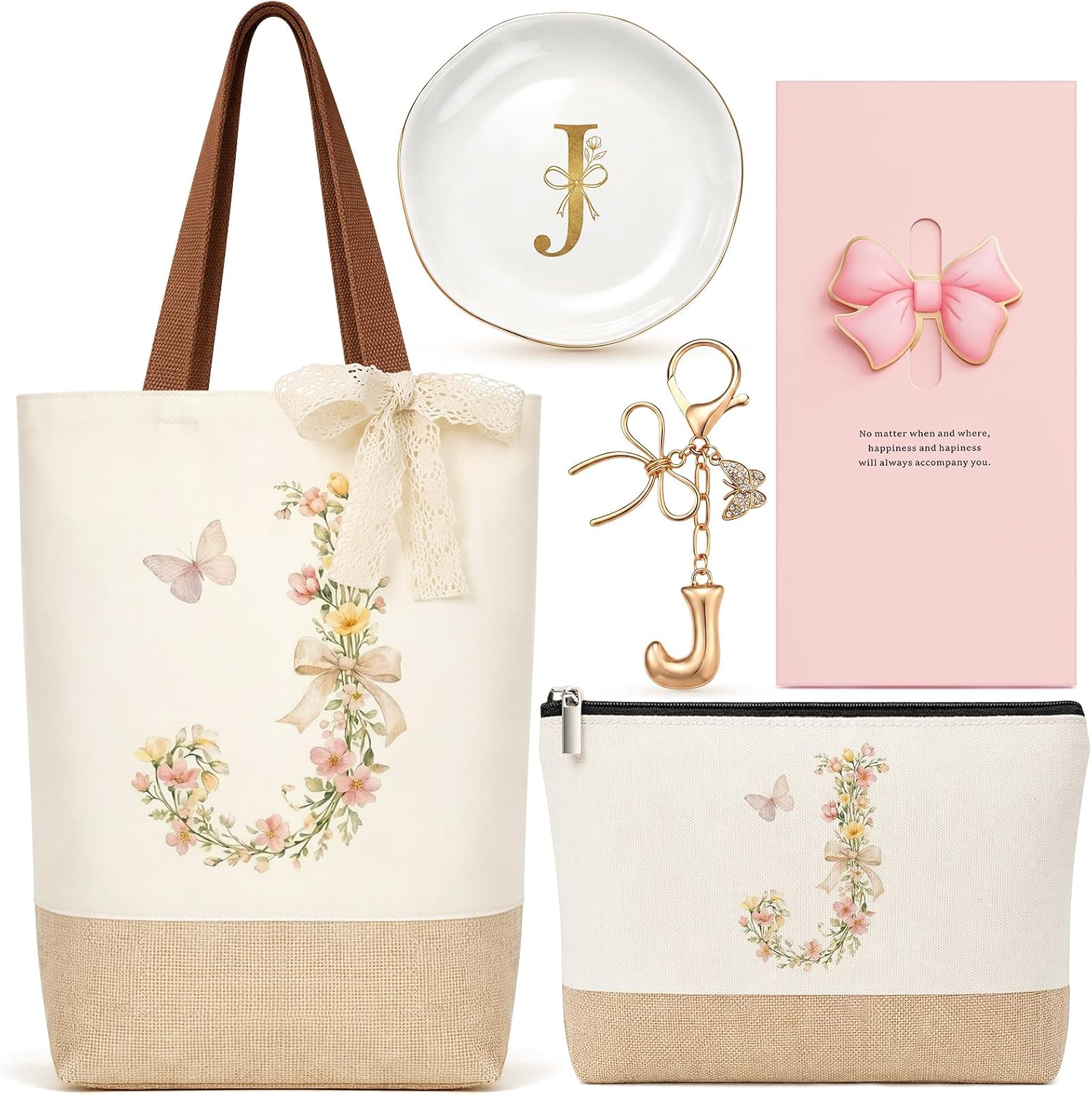 Kacctyen Initial Letter Gifts for Women Personalized Bow Initial Letter Jute Tote Bag Makeup Bag Jewelry Tray Keychain Gift(J)