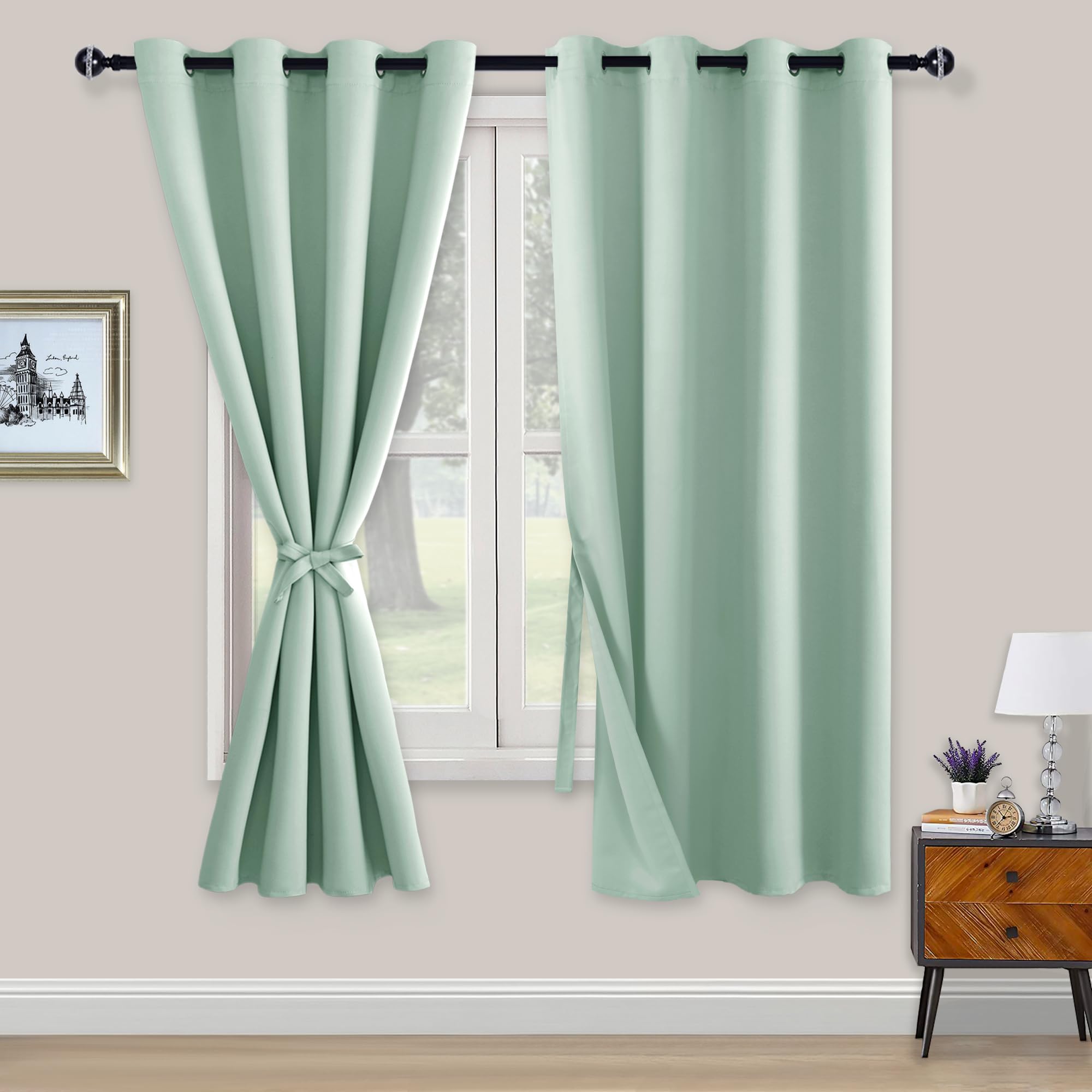 XWZO Blackout Curtains Shades Window Curtain Panels with Tiebacks- Noise Reduction and Thermal Insulated Eyelet Curtains for Bedroom,Living Room,Office,Study Room Bean Green W52xL63