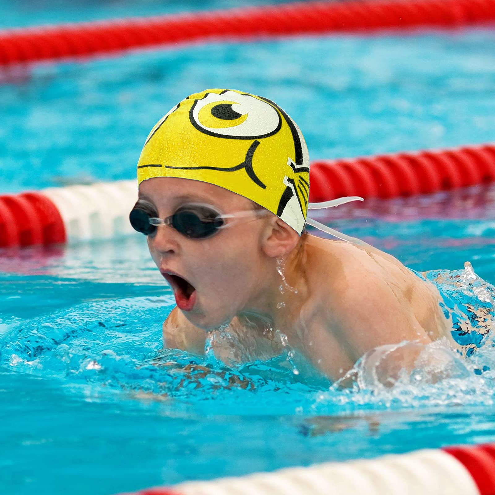 2Packs Kids Cartoon Fish Swim Caps Children Elastic Swimming Hats Silicone Swimming Caps for Girls and Boys Waterproof Stretchy Swim Bathing Caps Keep Hair Clean Dry (1*Blue and 1*Yellow )