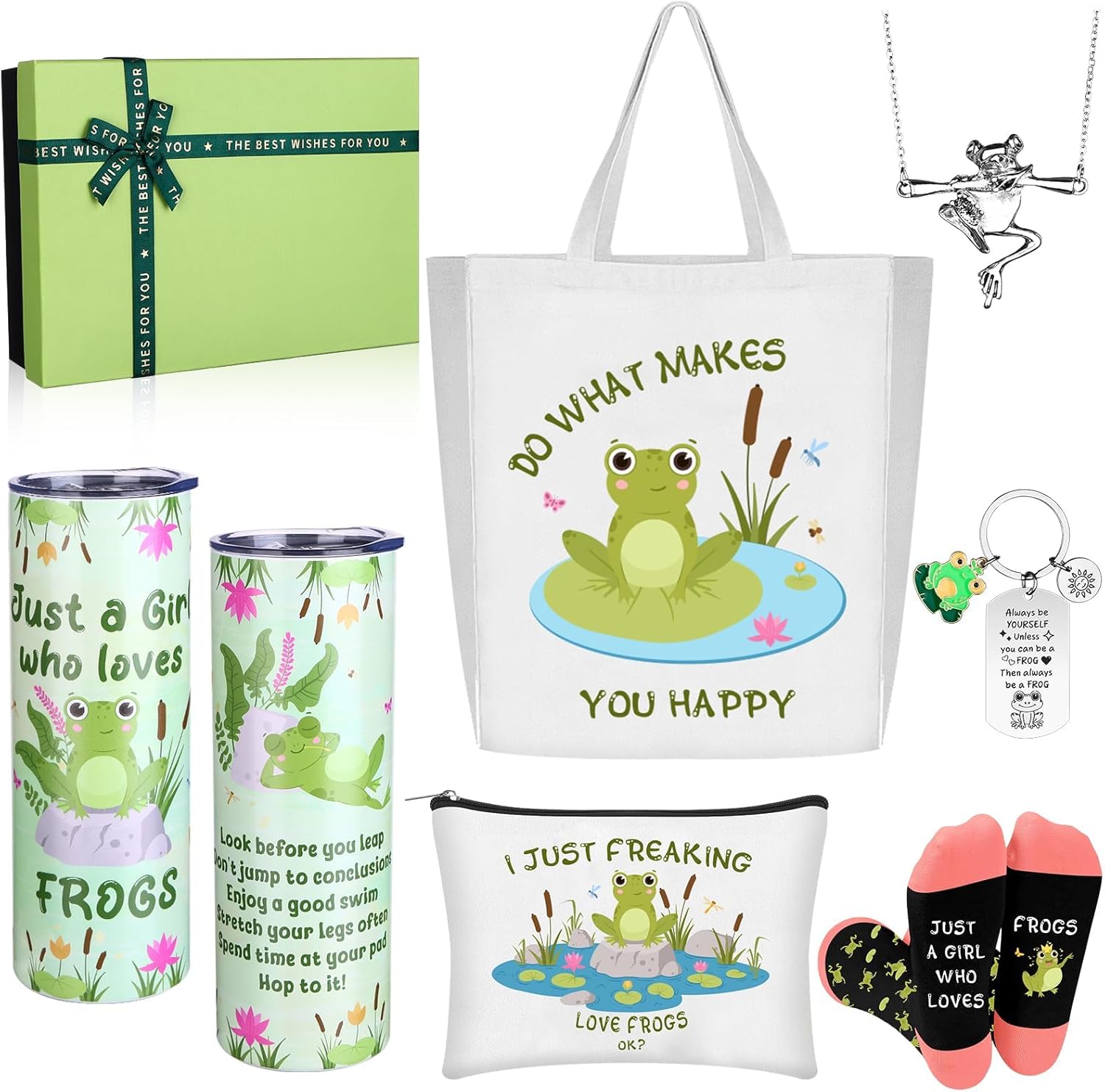 7 Pcs Frog Gifts for Women Green Stainless Steel Frog Tumbler Keychain Cute Socks Canvas Cosmetic bag Pendant Necklace Present Box Self Care Accessories Set for Birthday Family Friends