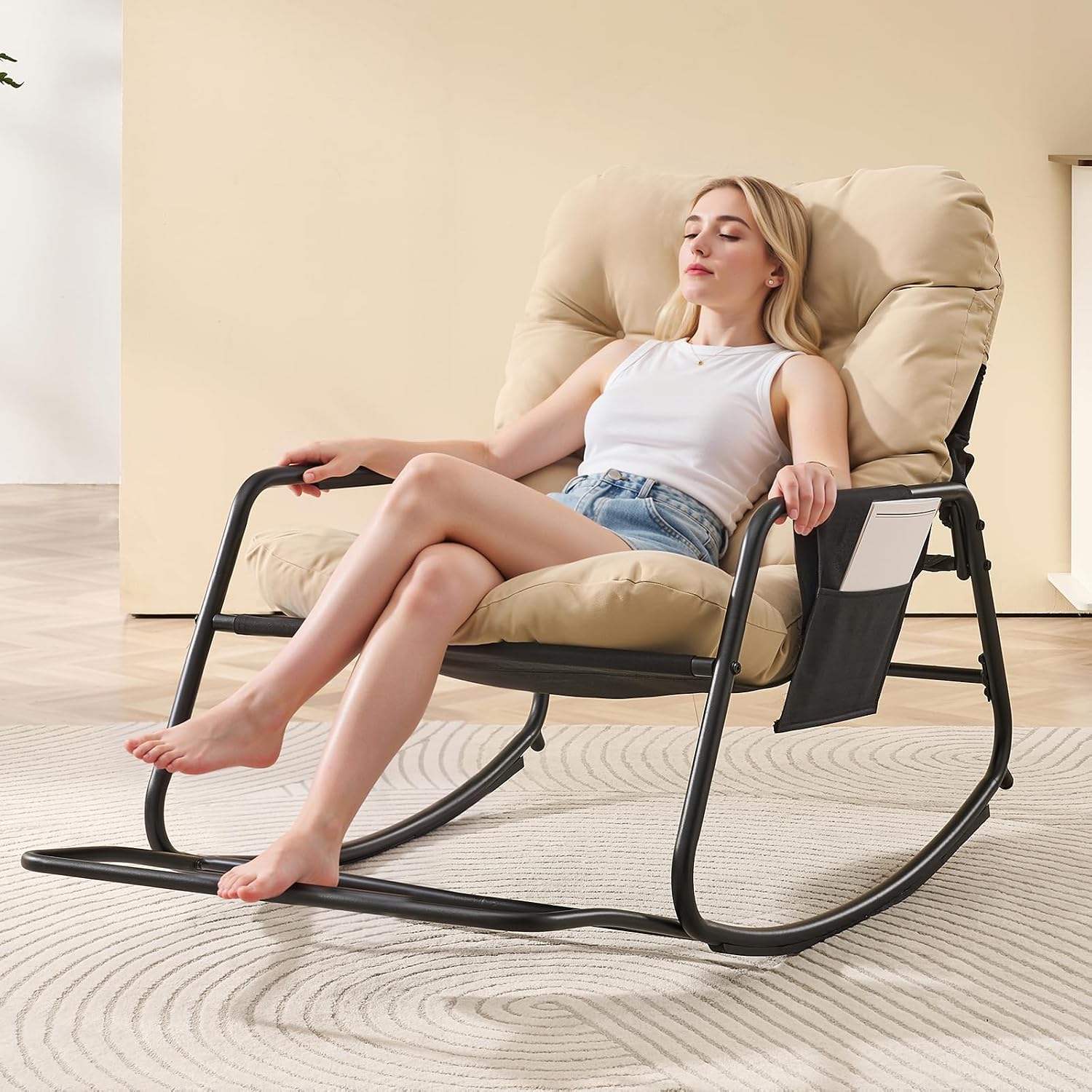 ONBRILL Adjustable Backrest Rocking Chair, Patio Rocking Chair with Cushion, Papasan Chair with Footrest, Indoor & Outdoor Rocker Chair for Living Room, Bedroom, Patio, Garden, Beige
