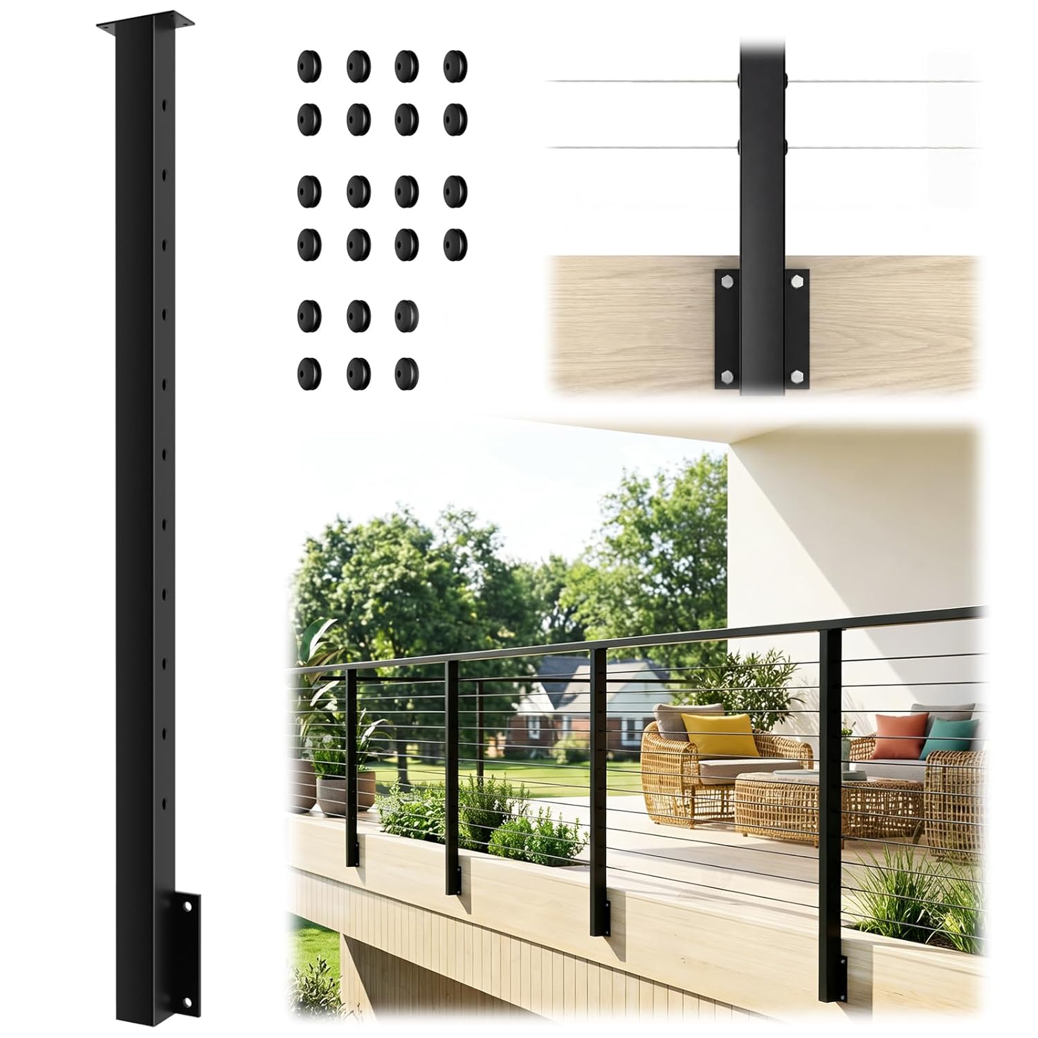 Side Mount Cable Railing Post 36" (Post Body 44"), Level Drilled Space-Saving Rail Post with 11 Holes, Stainless Steel Fascia Mount Cable Railing Kit System, Black Indoor Outdoor Deck Post