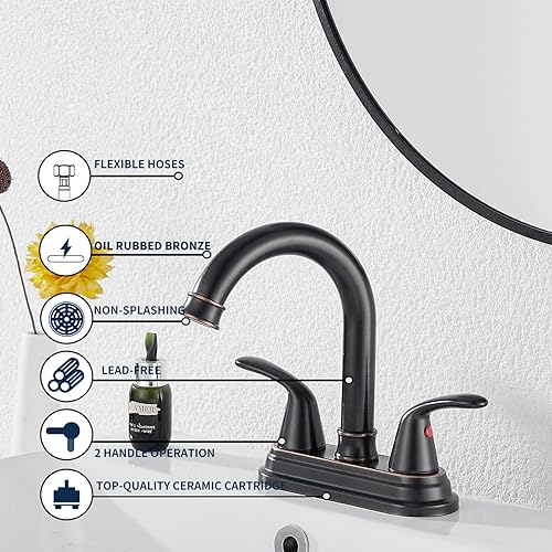 Miniatura 4 de GGStudy - Grifo de baño de bronce aceitado con 2 manijas de 4 pulgadas, juego central de bronce para autocaravana, grifo de tocador con montaje de