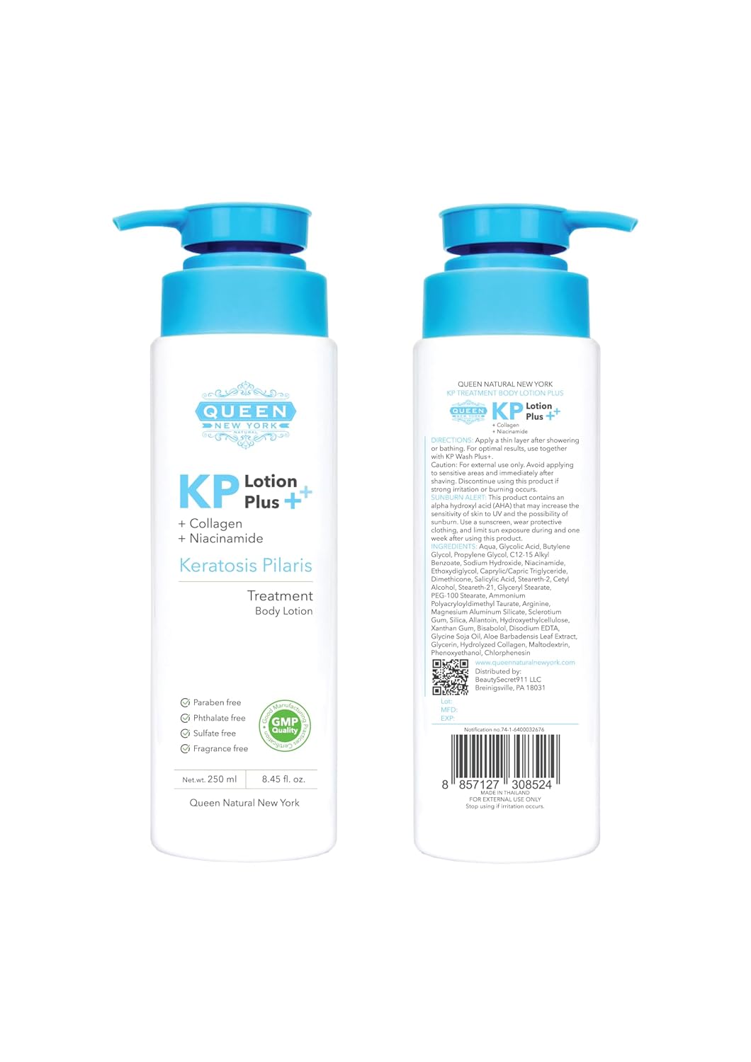 QUEEN KP PLUS Keratosis Pilaris Lotion with Collagen & Niacinamide for Rough & Bumpy Skin, Exfoliating 12% Glycolic + 2% Salicylic Acid, AHA BHA Fragrance Free - 8.45 fl. oz.