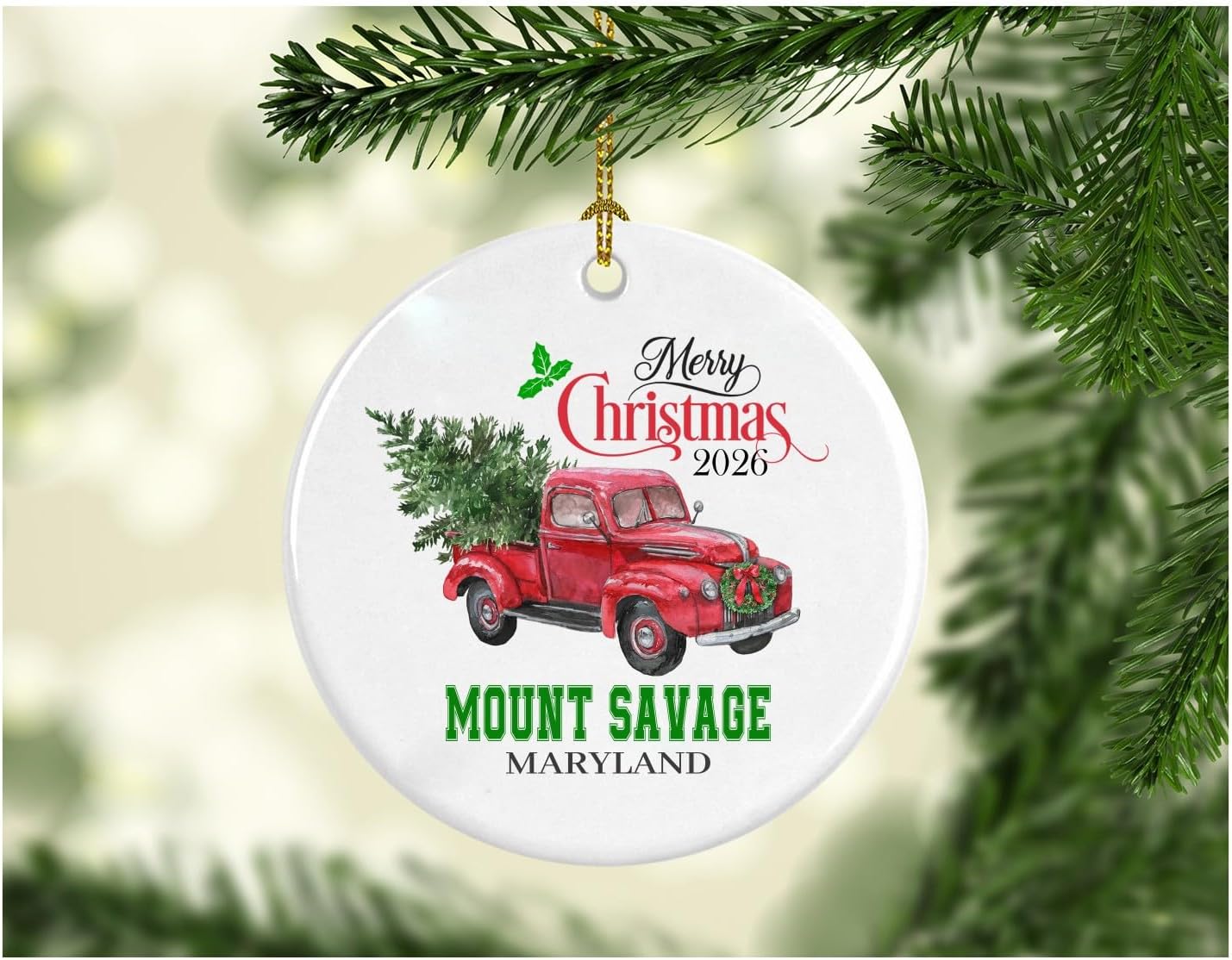 Christmas Ornament 2026 for Mount Savage Maryland City State Holiday Ornament Vintage Red Truck with Tree Souvenir Decoration Gifts for Family Friend Coworker 3" White
