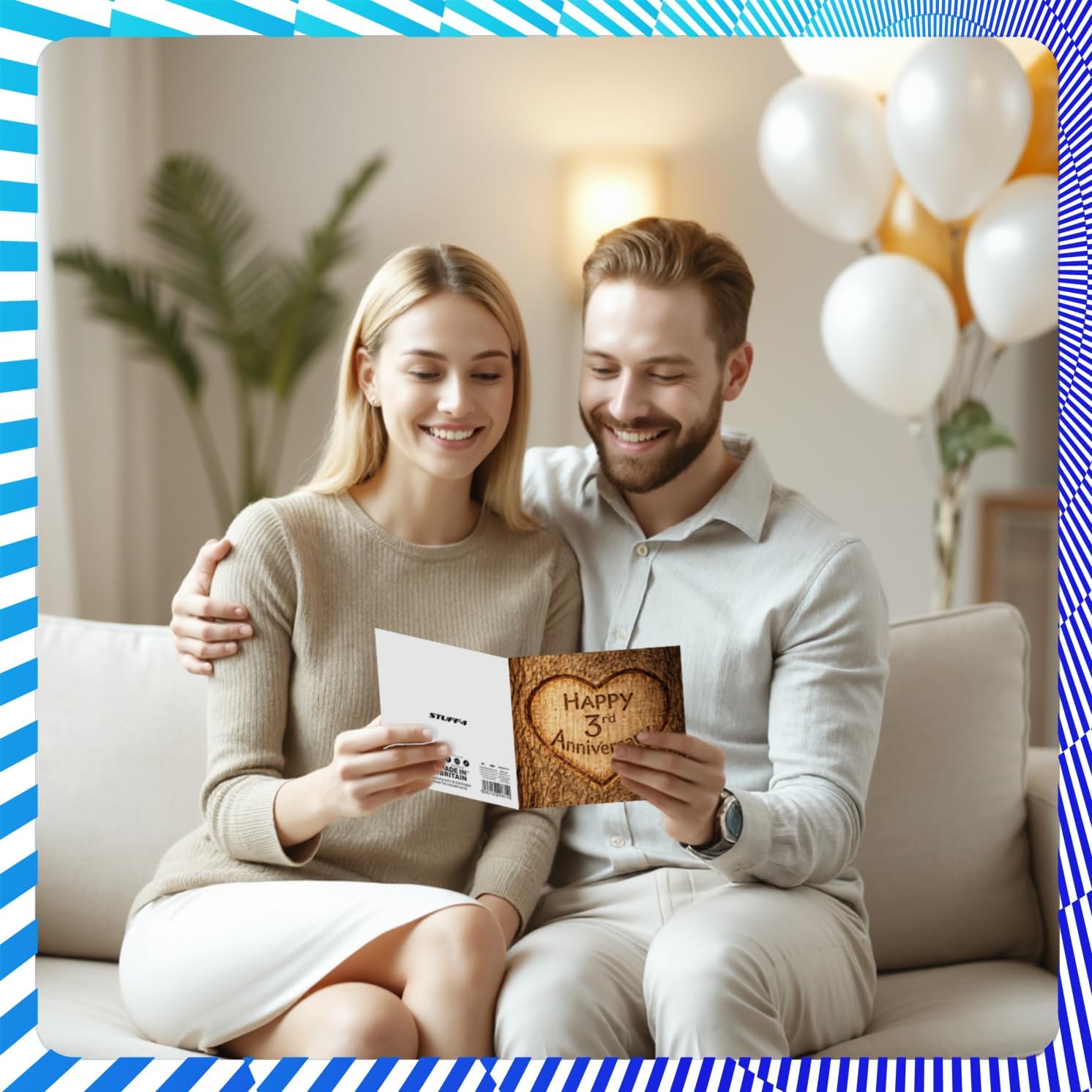 Stuff4 Heartfelt 3rd Anniversary Card - Carved Heart on Rustic Wood - Warm Anniversary Wishes with a Charming Natural Touch - 5.7 Inch Square, Envelope Included