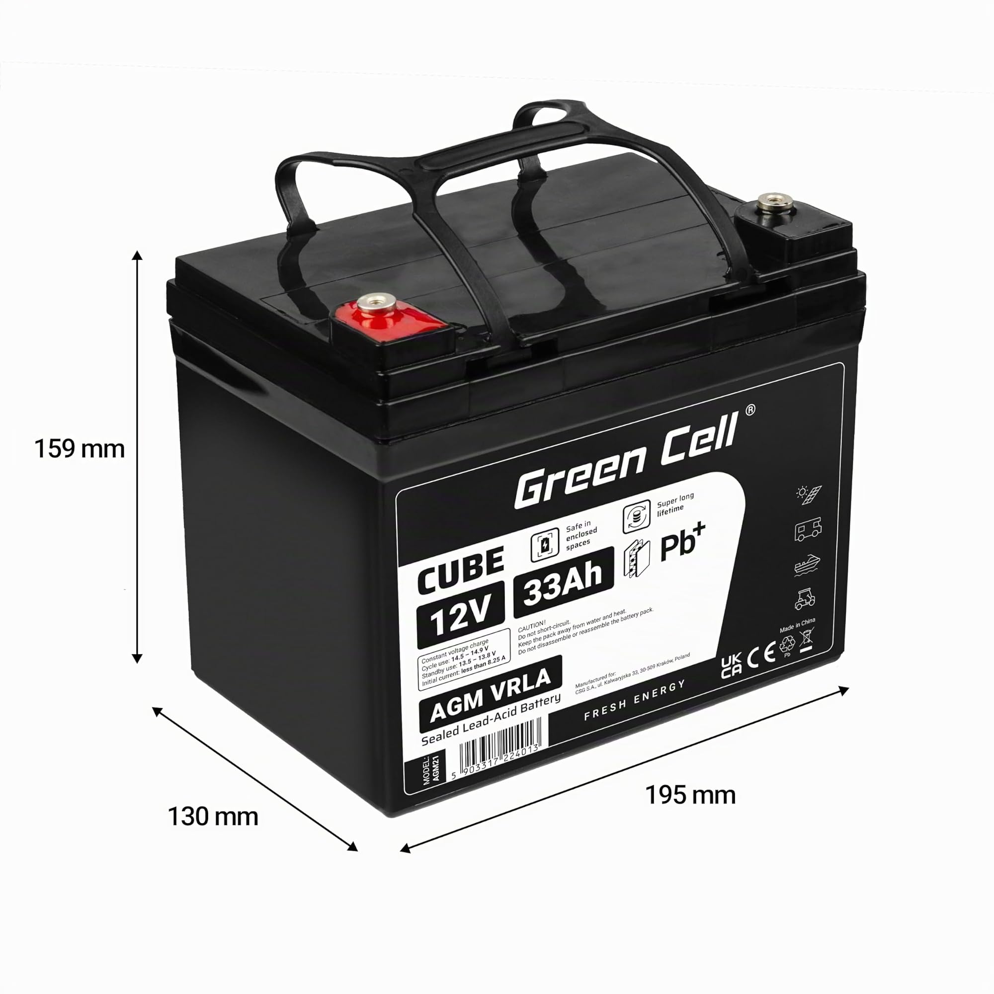Green Cell Recambio de Batería Gel AGM 12V 33Ah Rechargeable Pila Sellada de Plomo ácido batería sin Mantenimiento Batería de Reemplazo para Autocaravanas Barcos Camper Fotovoltaica