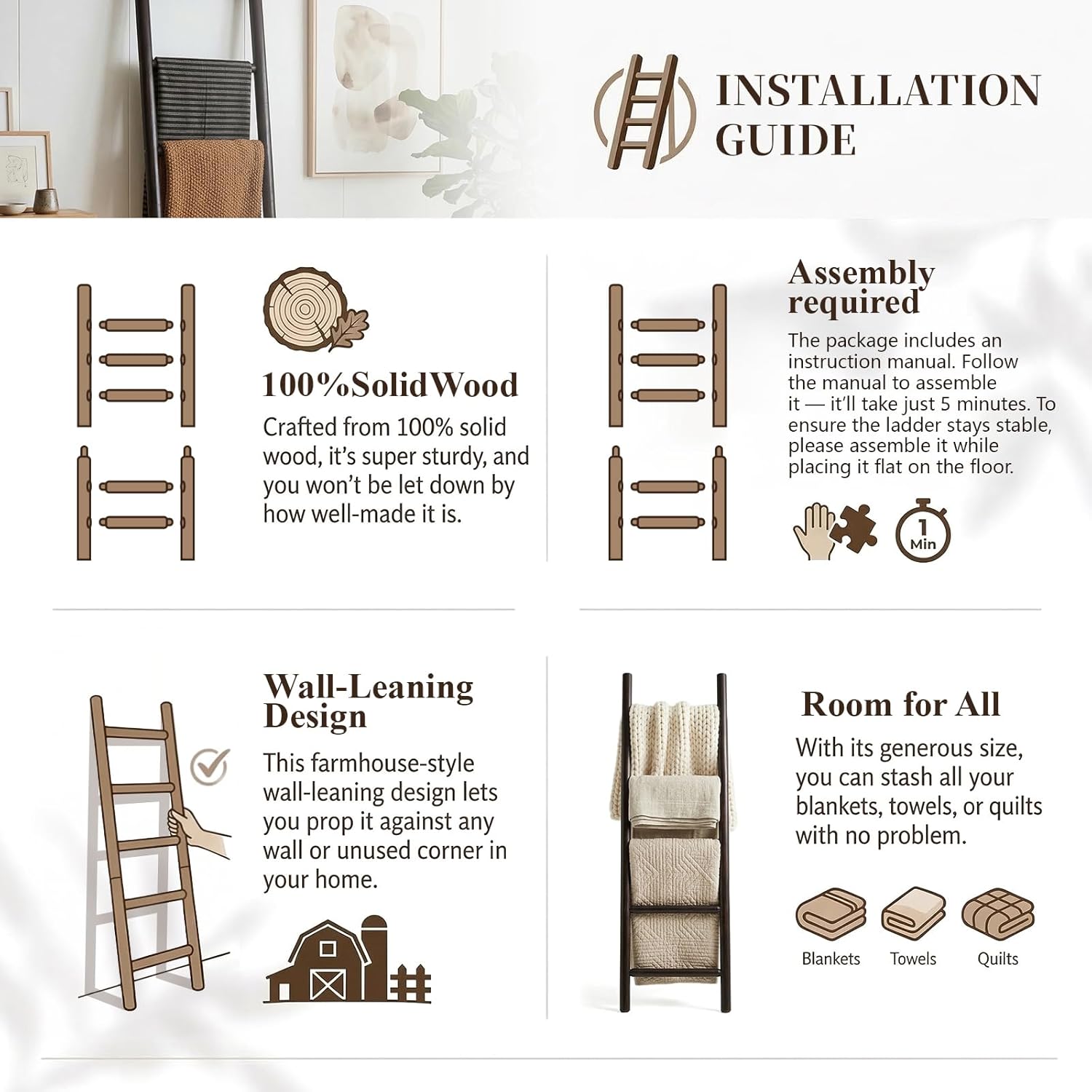 Wooden Blanket Ladder - 57in Natural Wood Color- Leaning Wall Decor for Bedroom, Bathroom, Living Room - Rustic Quilt Holder & Towel Rack (Dark Walnut 57in | Knock Down)