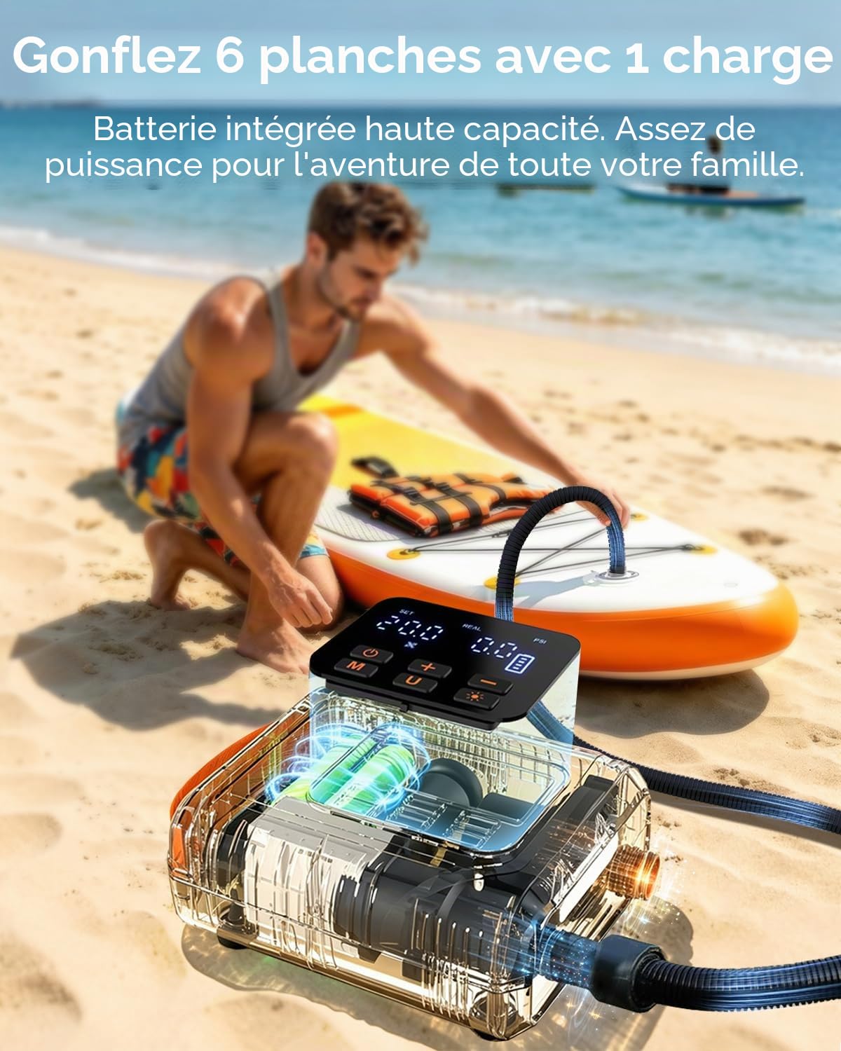 Sup Pompe Électrique 20 PSI – Rechargeable, 12V, Gonflage/Dégonflage Auto-Arrêt, Pression Précise – Gonfleur Electrique Paddle pour Paddle, Kayak, Tente, Matelas Gonflable, Jouets Piscine