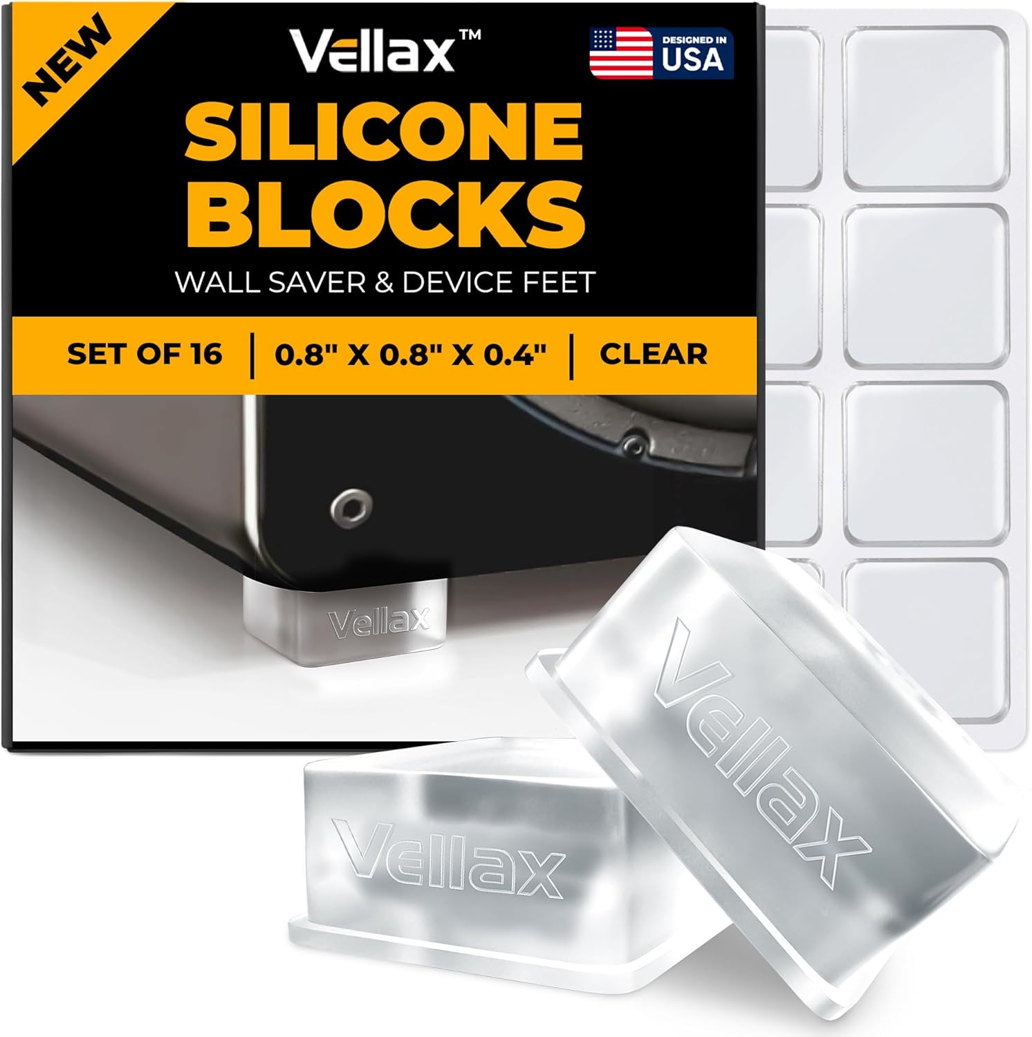 Small Door Knob Wall Protectors – 16 Clear Self-Adhesive Silicone Bumpers for Doors, Furniture & Walls – Anti-Vibration Feet for Electronics & Appliances in Square Block Shape by VELLAX