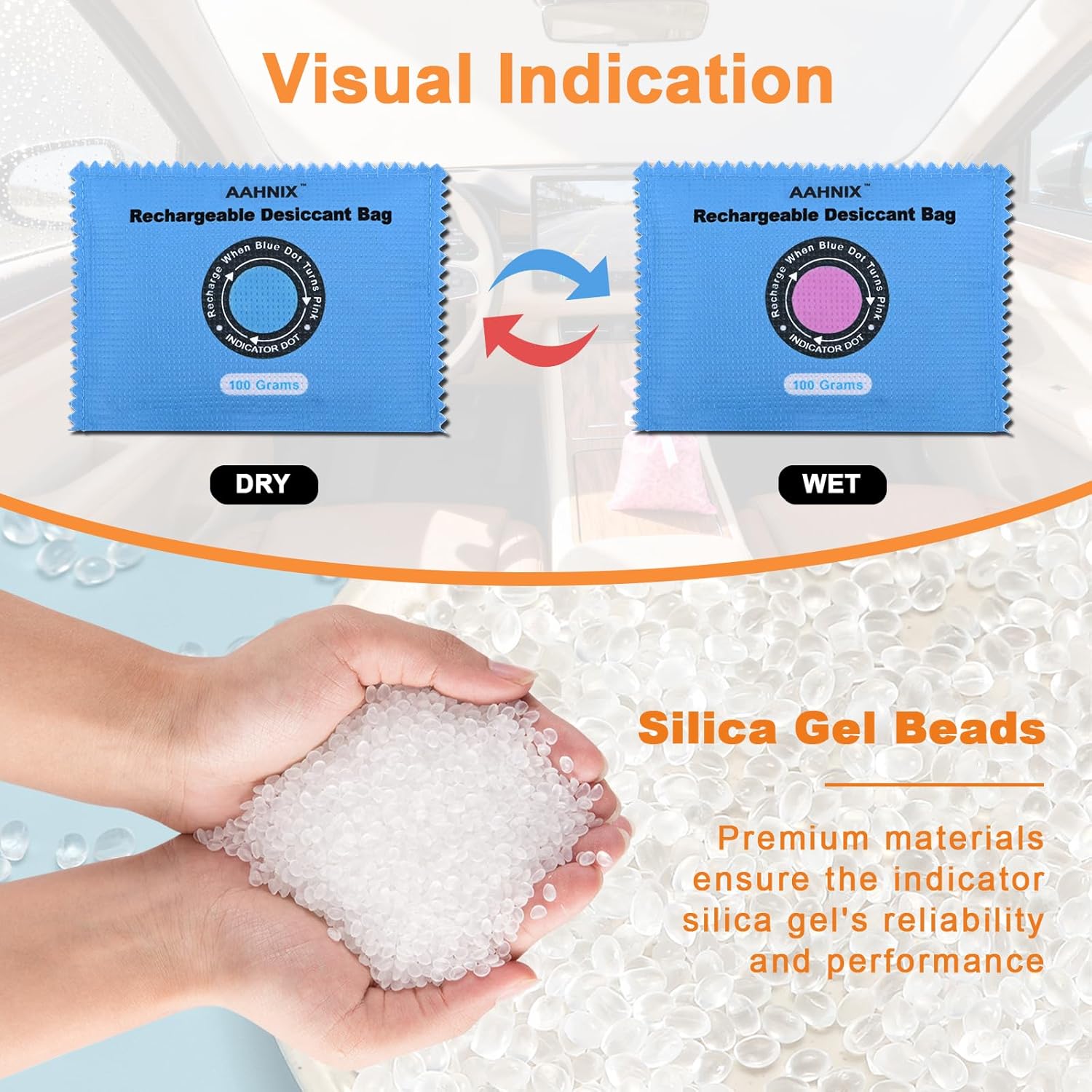 Silica Gel Desiccant Packets, Indicating Rechargeable Desiccant Packs for Storage, 100g×2pcs Moisture Absorbers for car Gun Safe Wardrobe 3D Filaments Electronics