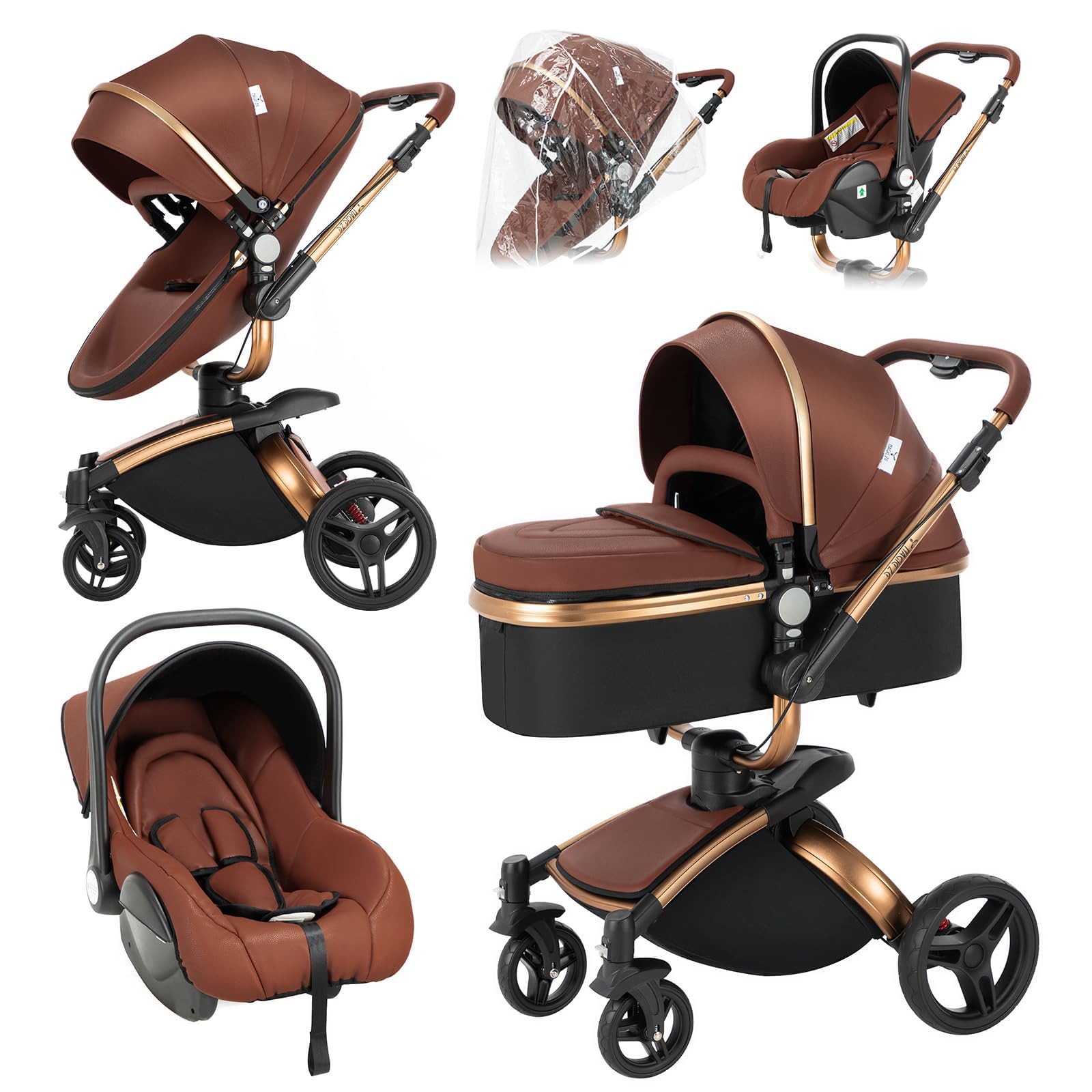 Magic ZC 360° Girevole Pelle PU Passeggino Trio, Passeggino 3 in 1 con Reversibile a Due Vie, Trio Passeggini Neonati con Accessori, Carrozzina per Neonati con Portatile Pieghevole Un Clic (906 Brown)