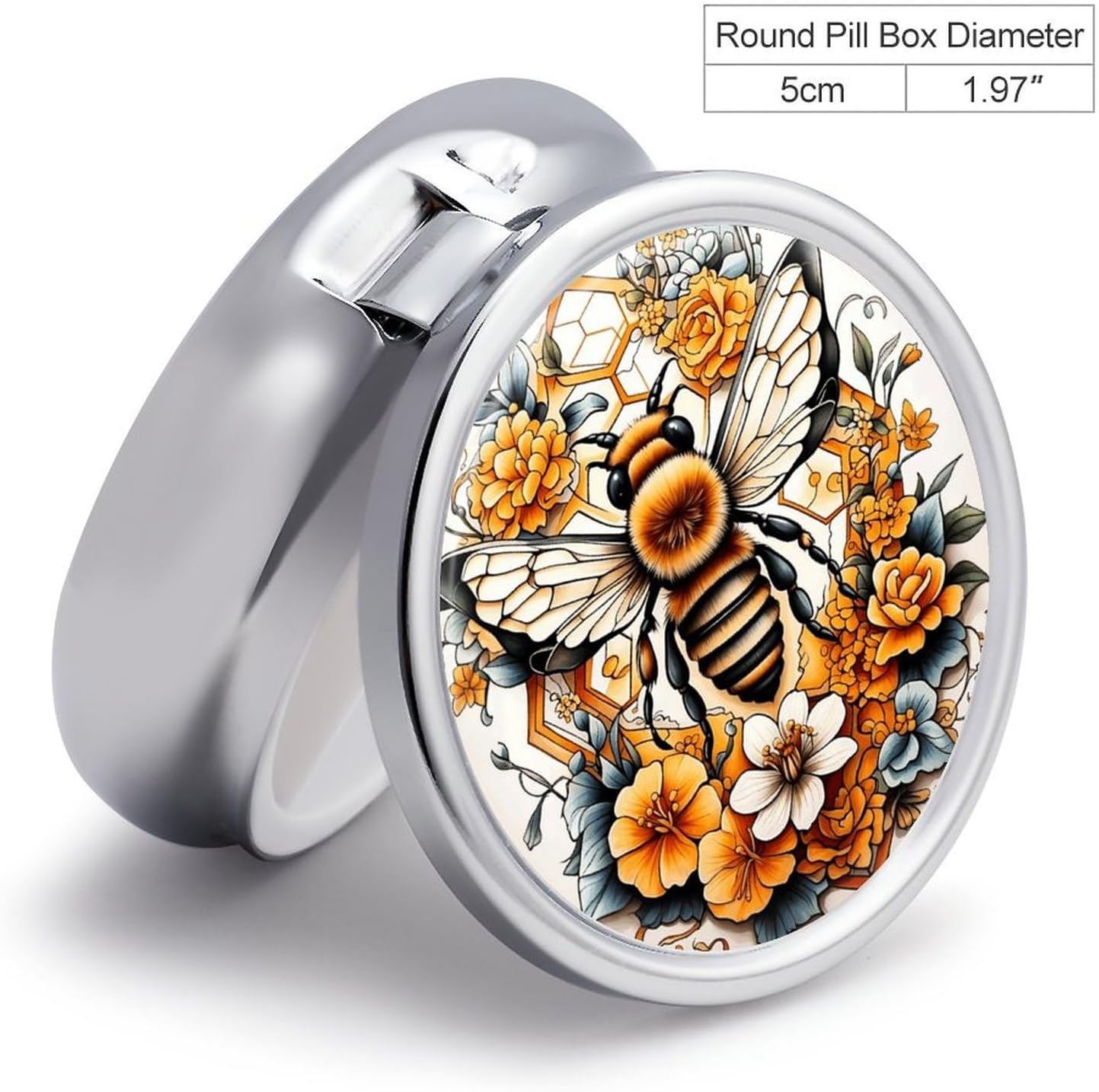 Bee Flowers Round Pill Box with 3 Compartments & Mirror image 2