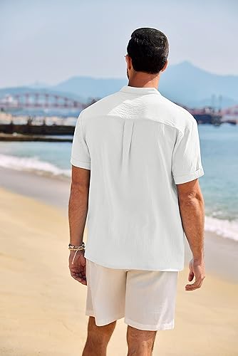 Miniatura 3 de COOFANDY Camisa casual Henley para hombre, con cuello de banda, manga corta, para verano, playa, hippie