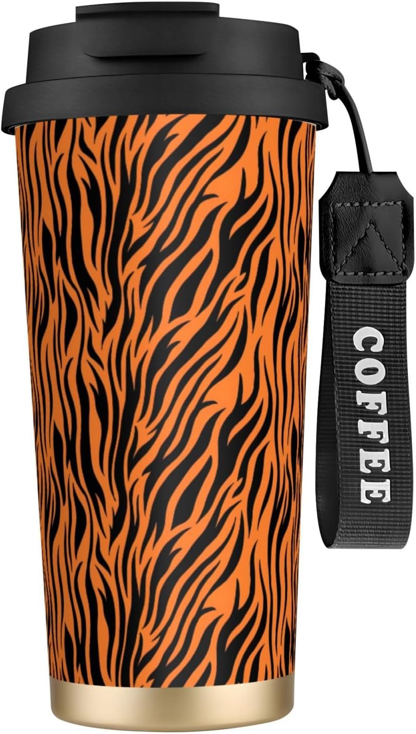 Tiger Stripes Orange Pattern Print Leakproof Insulated Coffee Mug,Stainless Steel Dual Drink Travel Tumbler,17 OZ