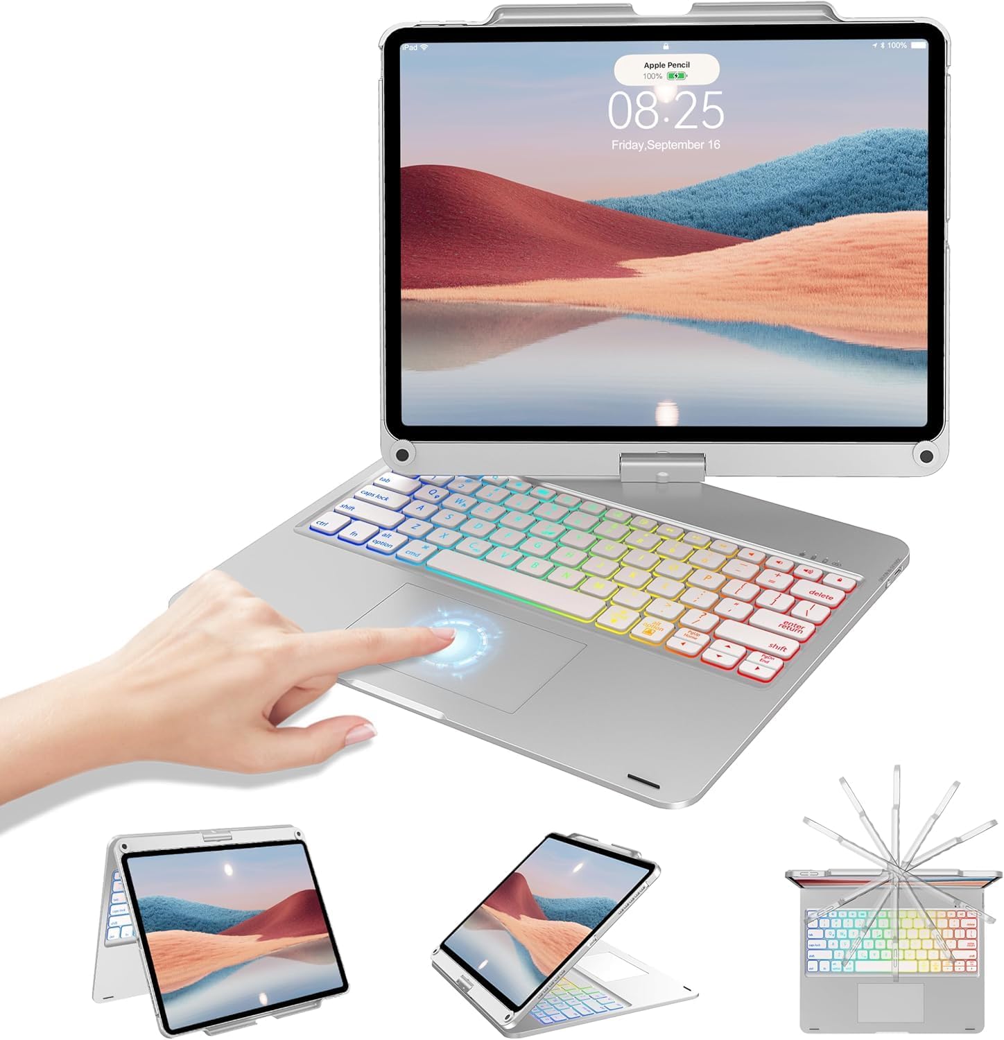 for iPad Air 13 inch(M3/M2) & iPad Pro 13/ Pro 12.9(6th/5th /4th/3rd Gen) Case with Keyboard, 360° Rotatable, Multi Touchpad, 7 Color Backlits, Wireless Bluetooth Keyboard Case Pencil Holder, Sliver