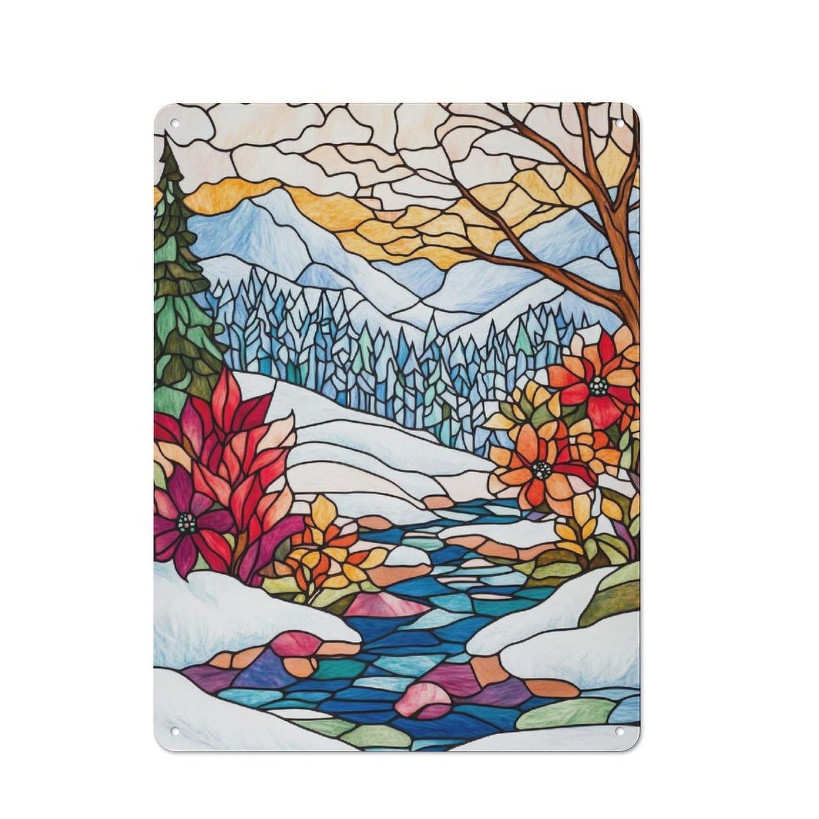Junmoney Style-21 Tin Wall Plaque 40X30cm With Stained Glass Winter Landscape For Hobby Room Or Studio, For Themed Interiors In Hobby Rooms And Studios