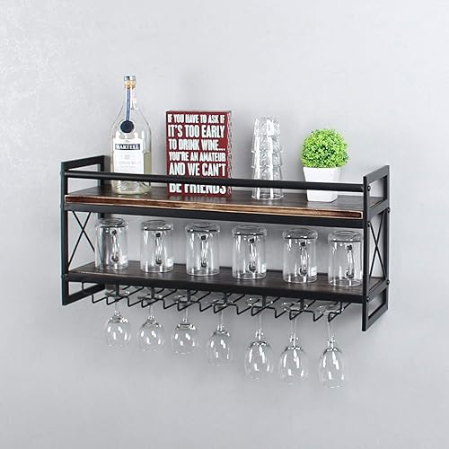 Miniatura 5 de MBQQ Estante de vidrio para vino, estante industrial de madera de 2 niveles, estantes de vino de 30 pulgadas para montar en la pared con 7 soportes