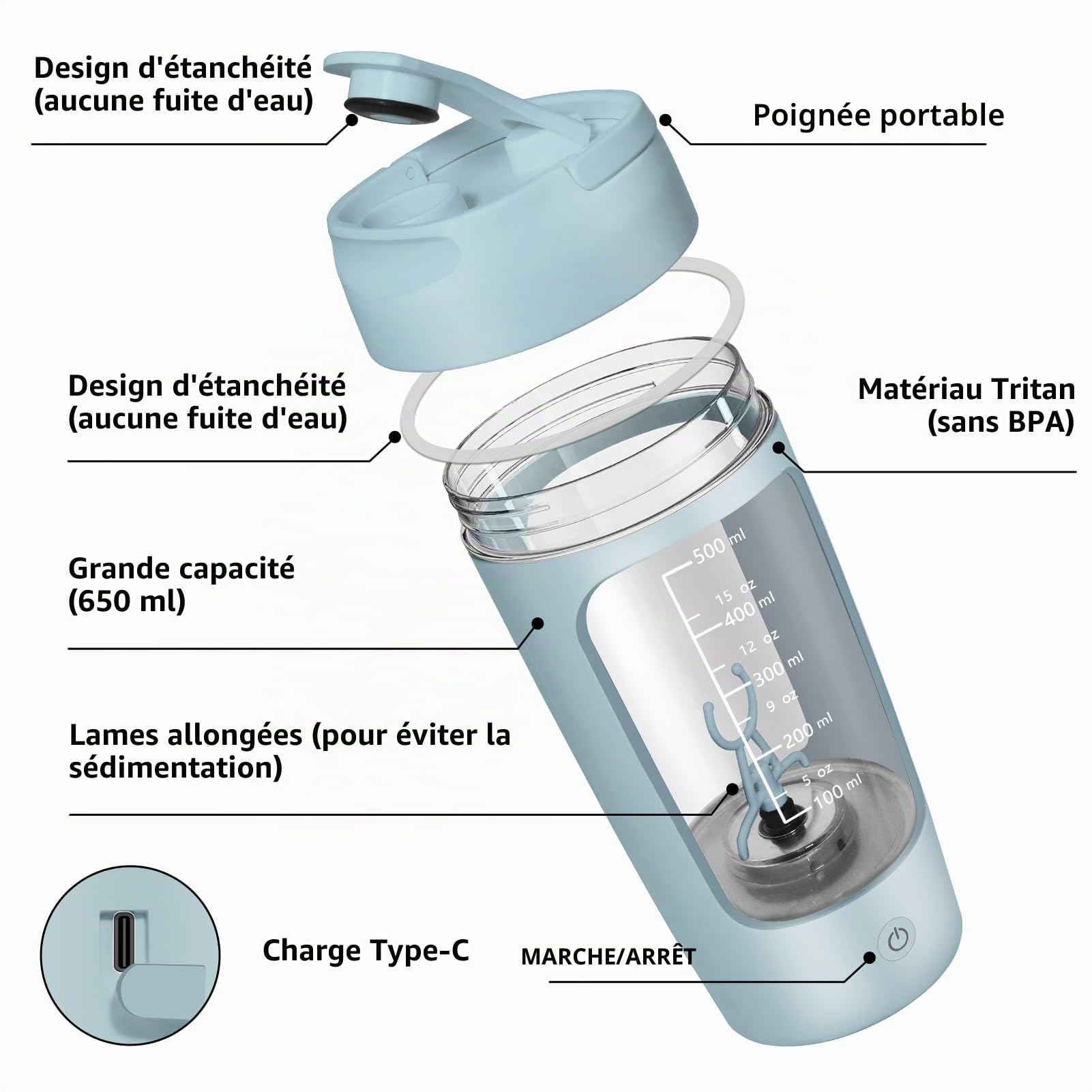 Shaker Électrique Protéine, 650ml Shaker Électrique, Compartiment à Poudre | Bouteille Shaker de Protéines Rechargeable USB C, Anti-Fuite, Tritan sans BPA, pour Shake Protéiné, Sport & Fitness, Bleu