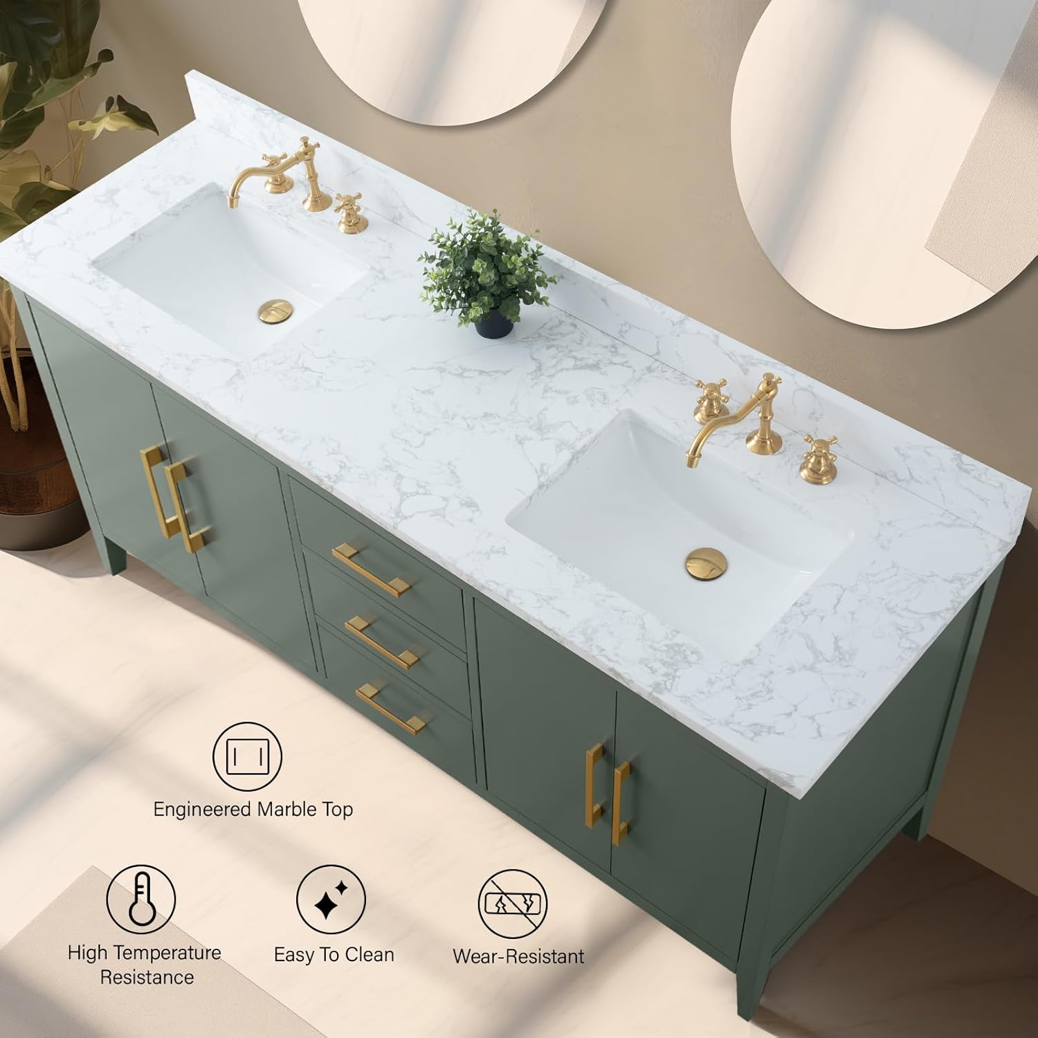 Vanity Art 72 inch Bathroom Vanity with Double Sink & Ceramic Top, Vanity Cabinet with Soft-Closing Doors, Drawers, Solid Wood Frame, Vintage Green, Golden Brushed Handware