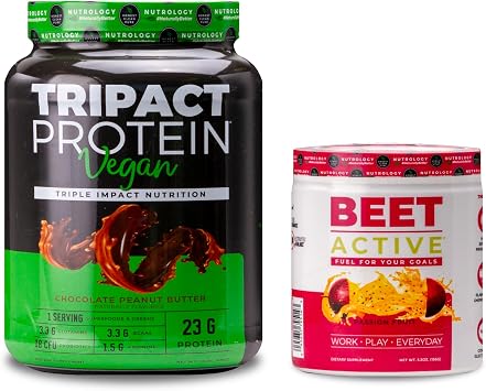 Nutrology TRIPACT Vegan Protein Powder, for Vegan Protein Shakes, Chocolate Peanut Butter 20 Servings & Beet Active, Passion Fruit Flavor 30 Servings