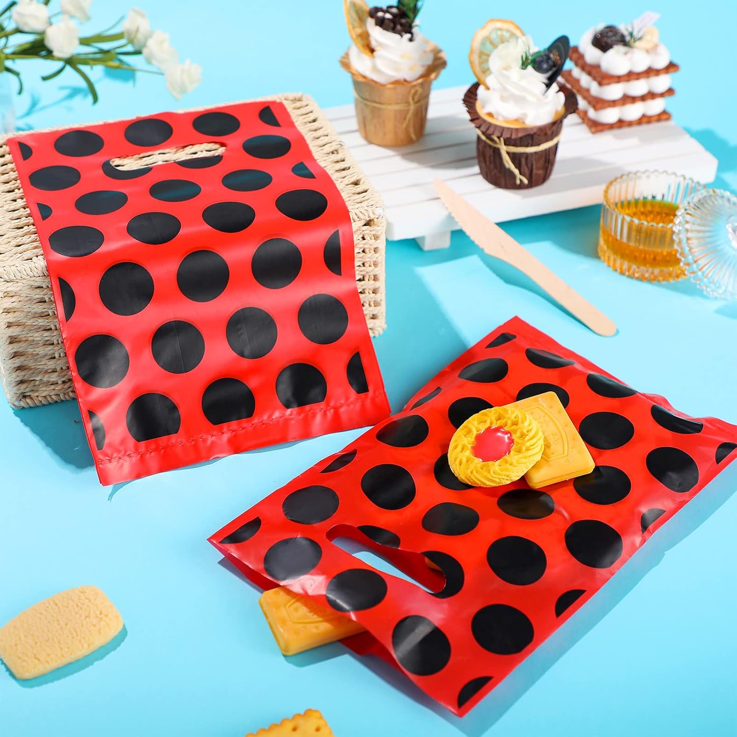 Teling 100 Pcs Ladybug Gift Bags Watermelon Ladybug Party Supplies Party Birthday Plastic Red Black Polka Dot Bags for Candy Wedding Shower Decorations - Image 7