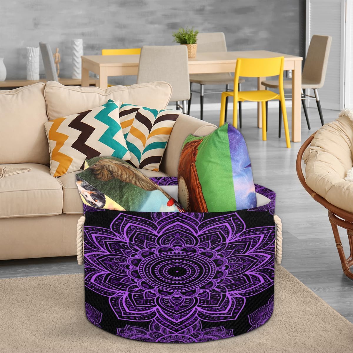 Large Storage Baskets - Purple Mandala Nursery Round Collapsible Organizer Bin Box, Laundry Hamper for Kids Toys, Blanket, Bedroom Living Room Home Decor, Gift Basket, 19.4"x13.3"