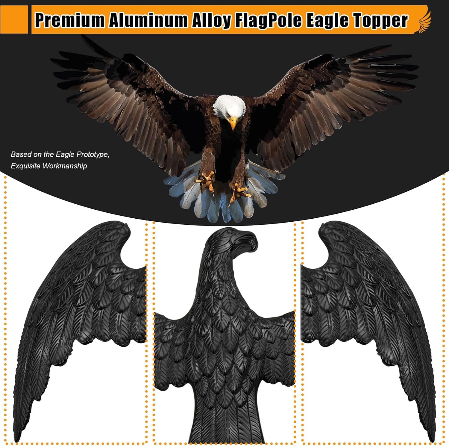 FRF FLAG Black Eagle Head for Decorating Outdoor Flagpoles, Made of Zinc Alloy That is Unbreakable, Eagle Flag Pole Topper 1/2"-13UNC Threading Fit 20/25/30Ft FlagPole… - Image 3