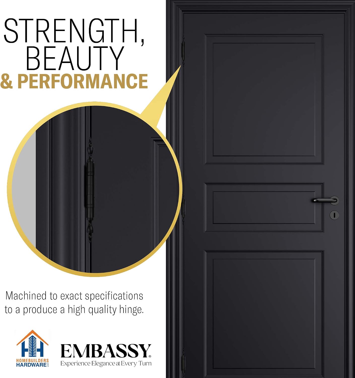 EMBASSY Door Hinge Solid Brass - 3 x 3 Inch, Heavy Duty, Black, Rust Resistant Pin, Architectural Designer Grade, Home Improvement, 2 Pack