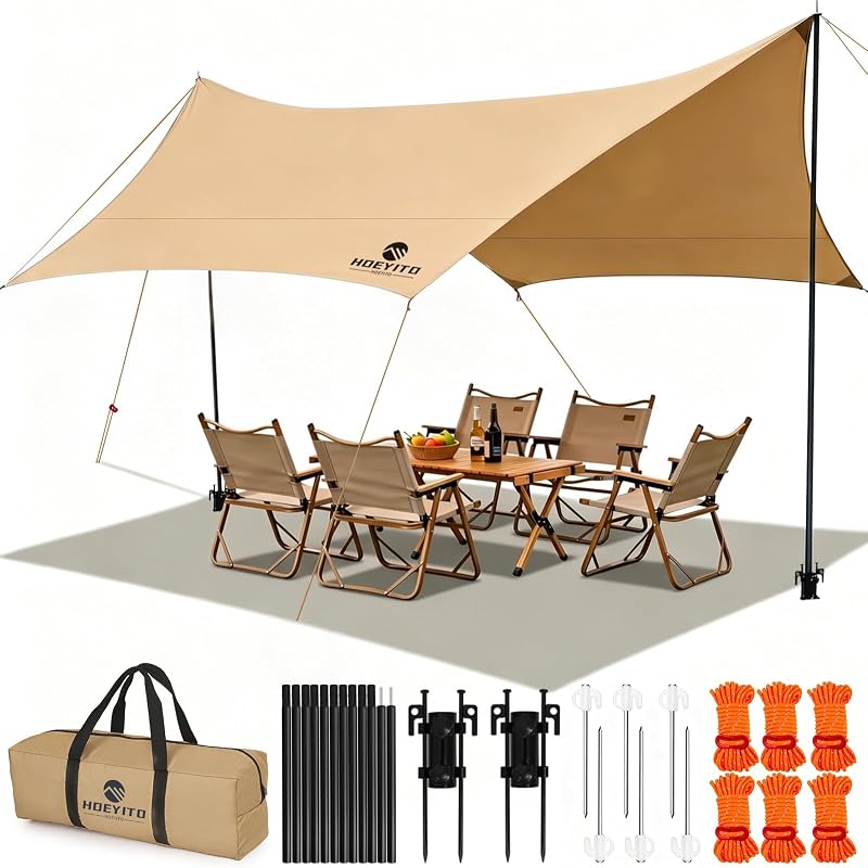 Lona para acampar con postes y retenedor, 14.5x11FT PU9000mm Impermeable 210D Toldo para acampar de tela Oxford, Tasa de bloqueo UV 99.99% Lona para tienda de campaña con dosel para exteriores, hamaca, automóvil, picnic (Caqui)