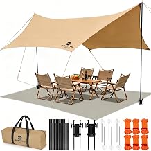 Camping Tarp with Poles & Retainer, 14.5x11FT PU9000mm Waterproof 210D Oxford Cloth Camping Awning, UV Blocking Rate 99.99% Camping Canopy Tent Tarp for Outdoor, Hammock, Car, Picnic Khaki