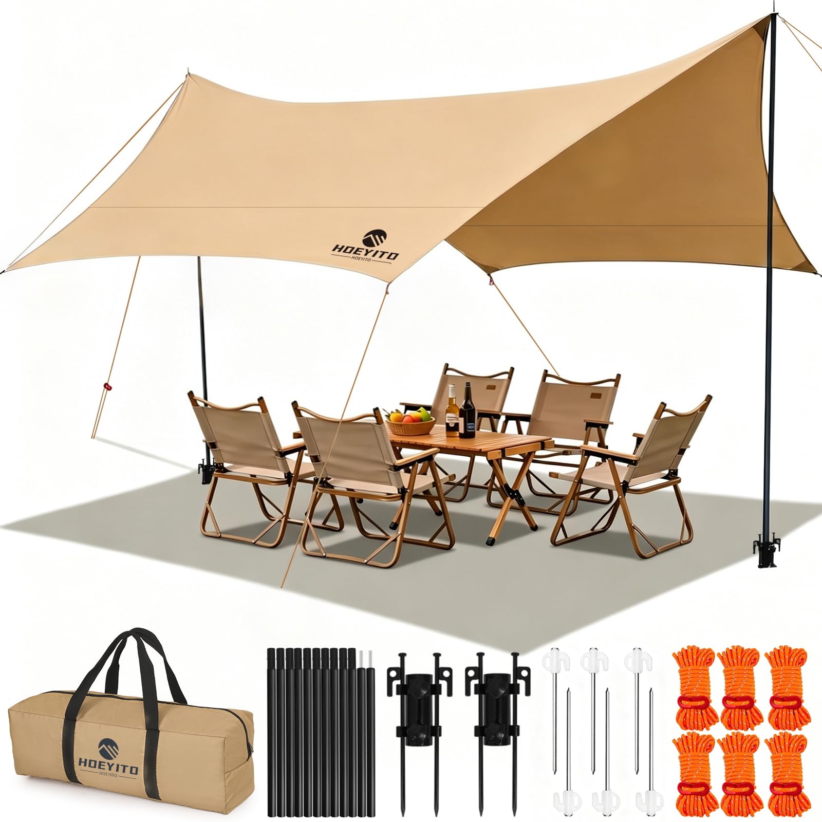 Photo 1 of Camping Tarp with Poles & Retainer, 14.5x11FT PU9000mm Waterproof 210D Oxford Cloth Camping Awning, UV Blocking Rate 99.99% Camping Canopy Tent Tarp for Outdoor, Hammock, Car, Picnic (Khaki)