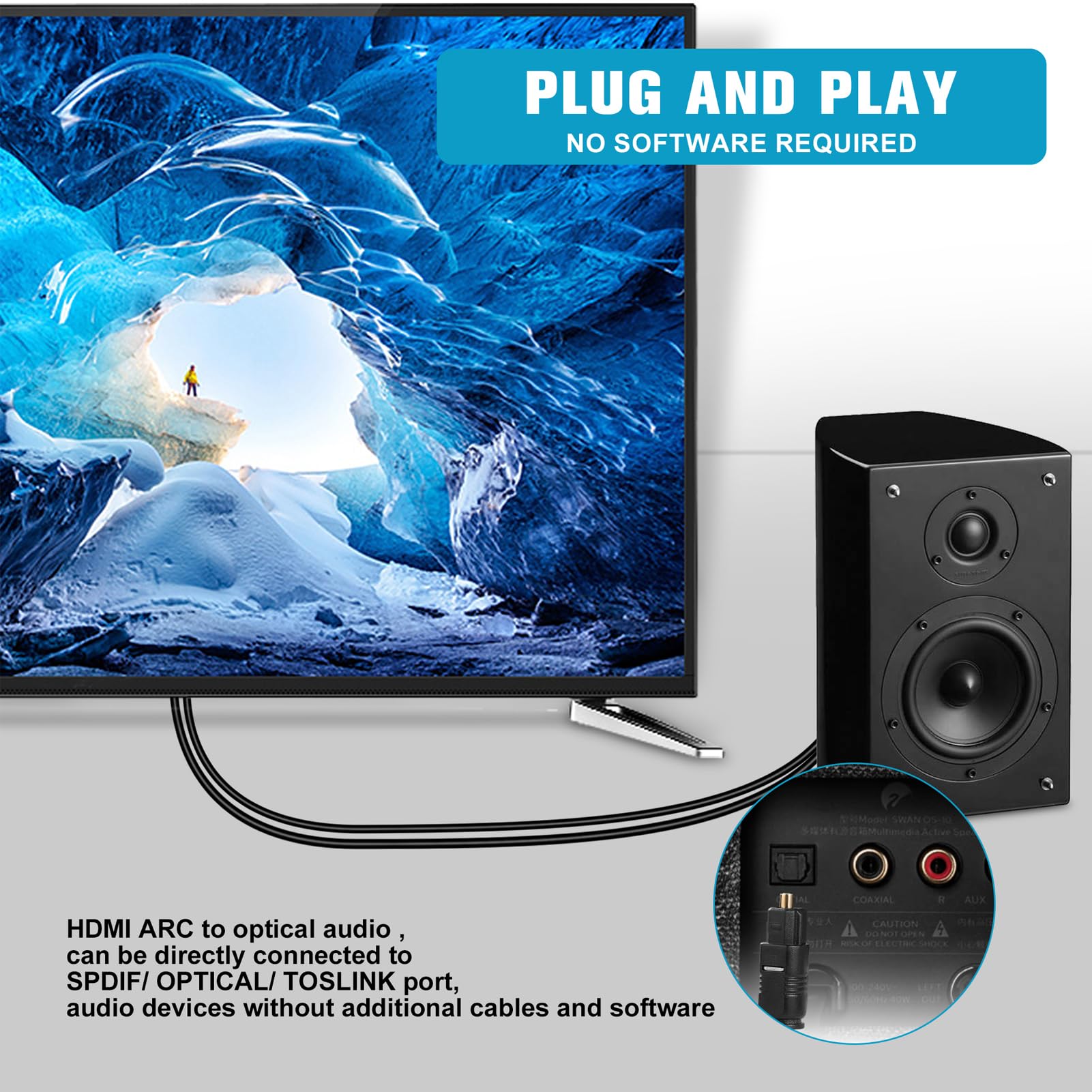 UNSTINCER HDMI ARC a Ottico Convertitore Cavo 115 cm/45", Audio Estrattore | Digitale Converter 192 kHz 24 bit supporta Dolby DTS 5.1 PCM 2.0, Adattatore per TV HDTV Amplificatore Casse Box Speaker