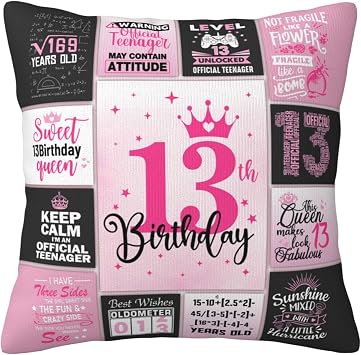 13th Birthday Gifts for Girls, 13 Year Old Girl Birthday Gift Ideas, 13 Yr Old Girl Presents Decorations for Girls Throw Pillow Covers 18x18 Inch