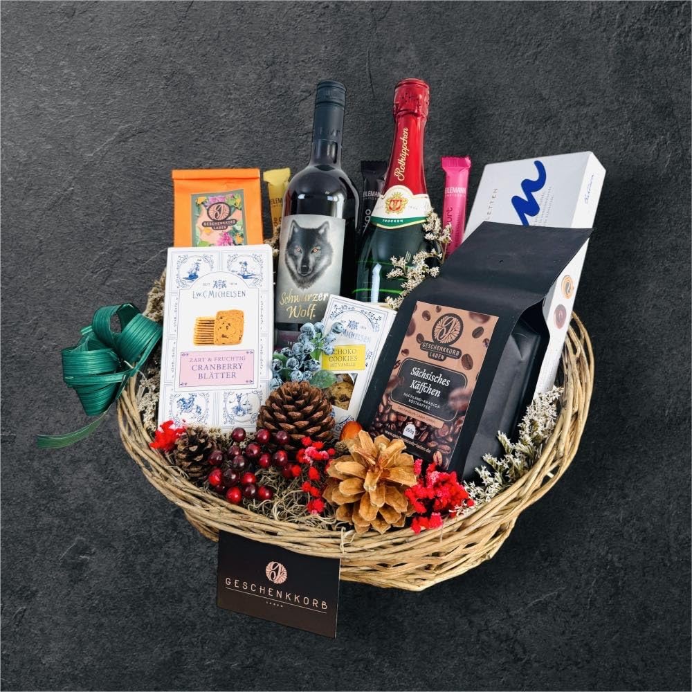 Rotkäppchen und der Wolf Geschenkkorb | Geschenkidee mit feinen Delikatessen | Hochwertiger Präsentkorb für jeden Anlass | Schön verpackt und bereit zum Verschenken