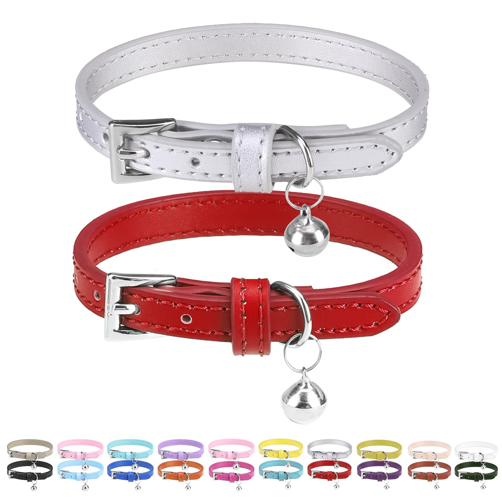 PUPTECK – 2 Pack Soft Genuine Leather Cat & Kitten Collars with Bells Adjustable for Cats & Puppies, Boys & Girls – Red, Silvery