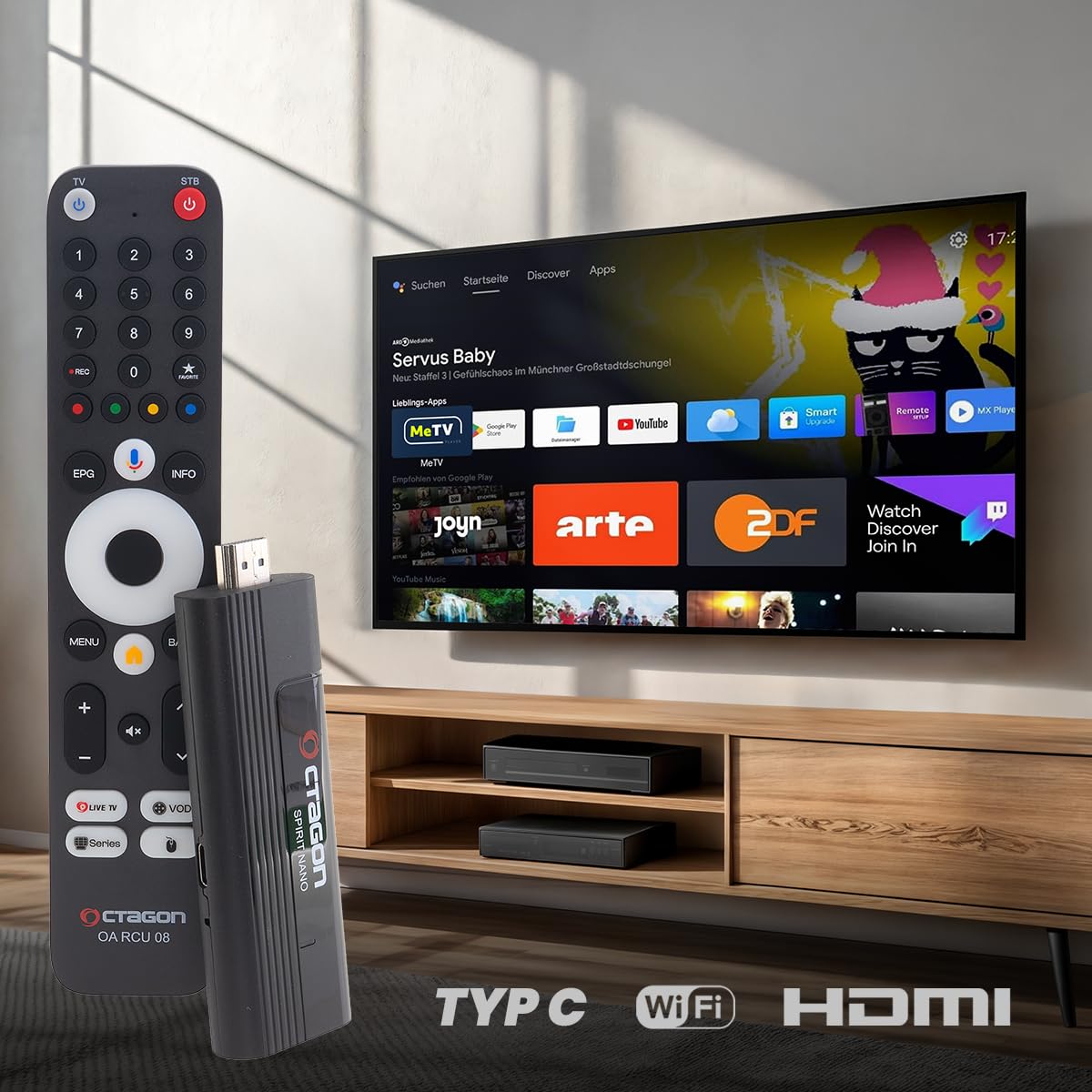 OCTAGON Spirit Nano 4K UHD Android TV Stick, HDR10+, 2 GB RAM, 32 GB, Bluetooth Remote, Wi-Fi IP Receiver