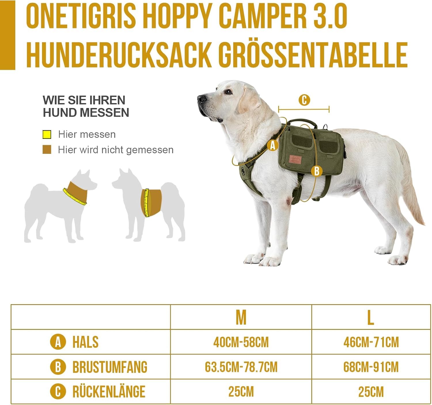 OneTigris Arnés para perros con bolsa, Hoppy Camper 3.0, camping, senderismo, mochila para perros medios/grandes, 2 bolsillos principales, 4 bolsillos laterales, verde M