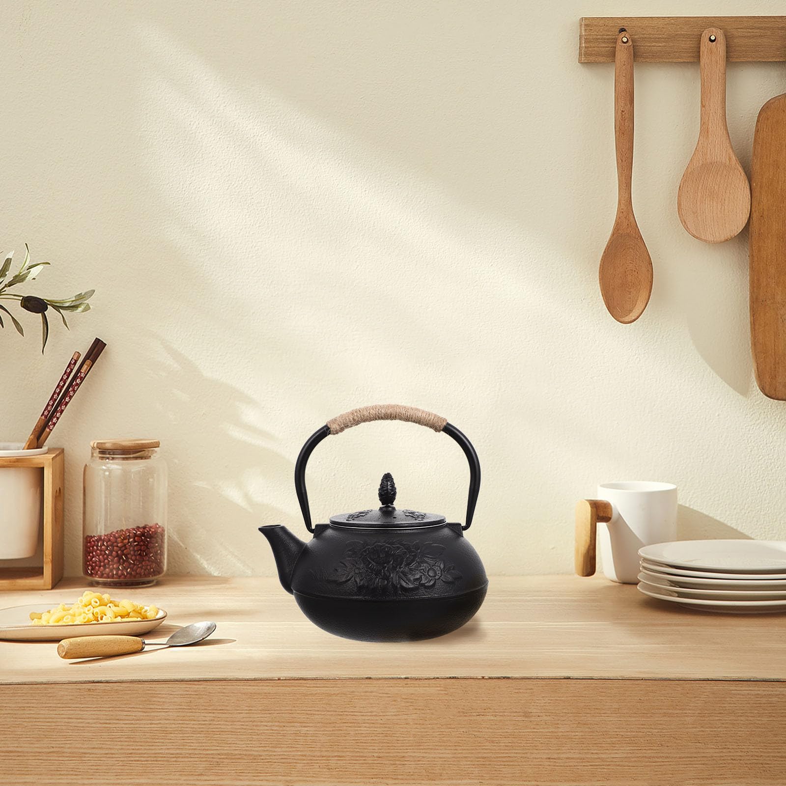 Operitacx Tetera de Hierro Fundido de 900ml Tapa para Hervir Agua, Diseño Elegante y Excelente Acabado, Adecuado para Preparar Té y Café en Casa