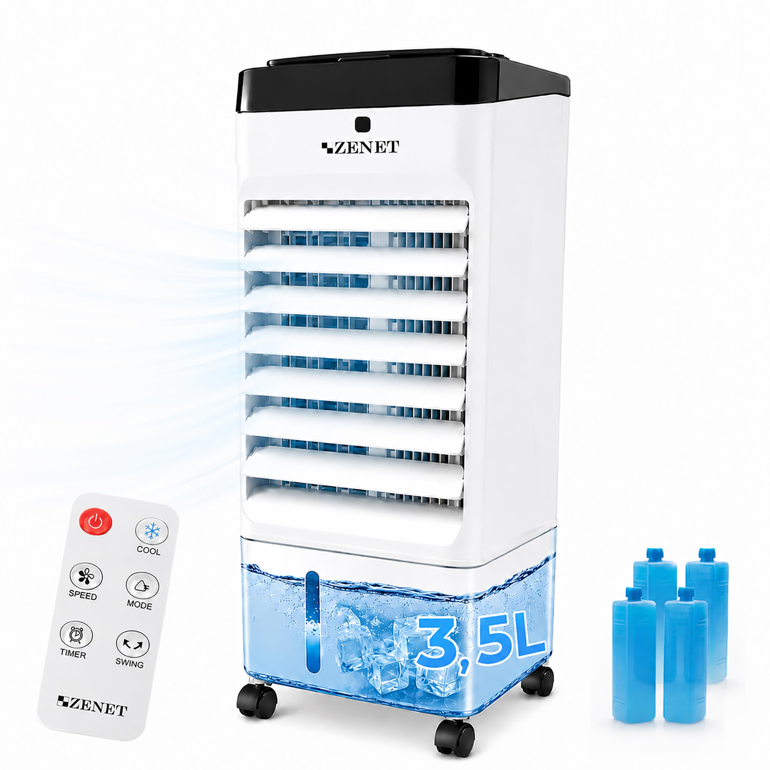 ZENET Aire Acondicionado Portátil 4 en 1, Climatizador Evaporativo 3.5L 65W | Ventilador con Agua, Enfriador, Humidificador, Purificador de Aire, Silencioso, Mando, para Hogar y Oficina, Sin Instalación