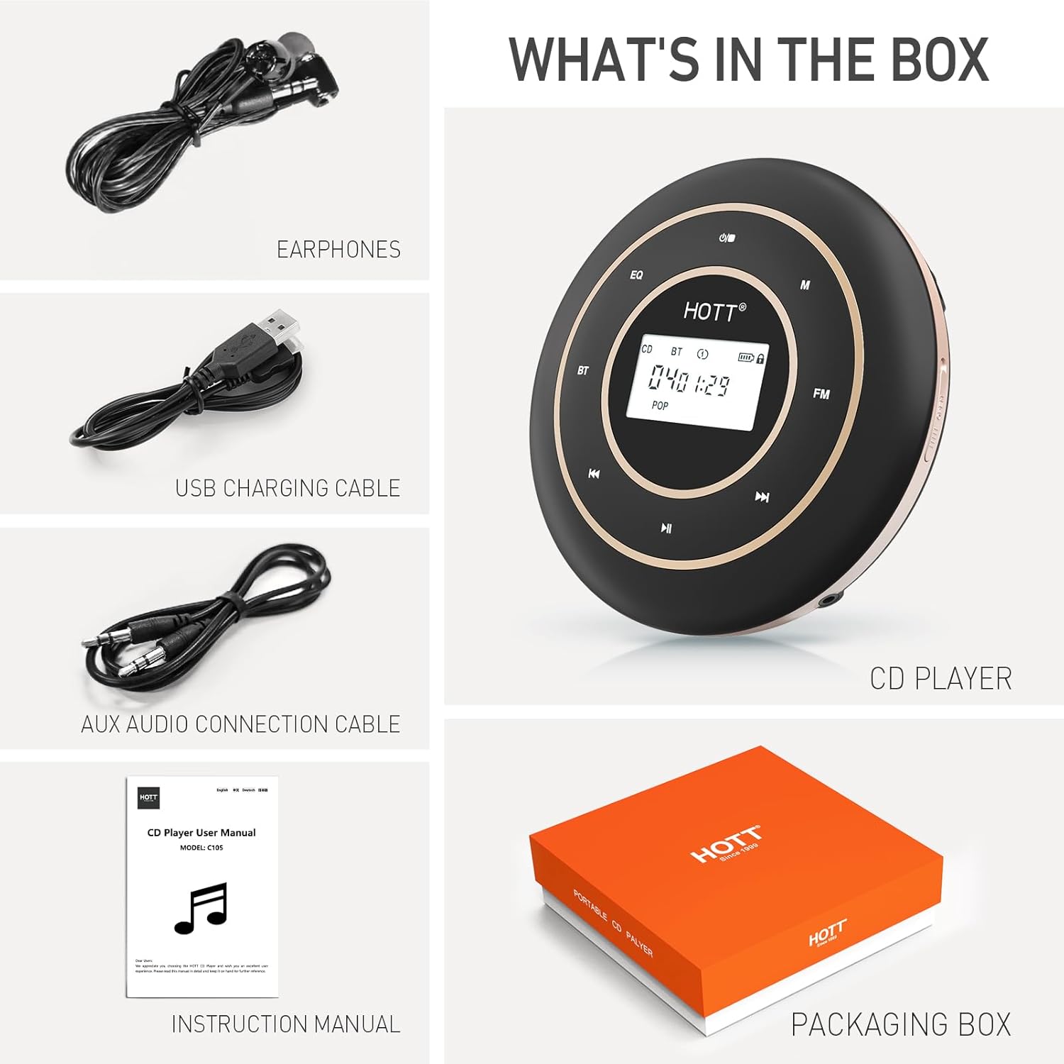 HOTT C105 Portable CD Player, Rechargeable Battery,Bluetooth/FM Transmit/AUX-Out, Anti-Shock, Backlight Vision Display, 5 EQ Modes for Car & Home Use