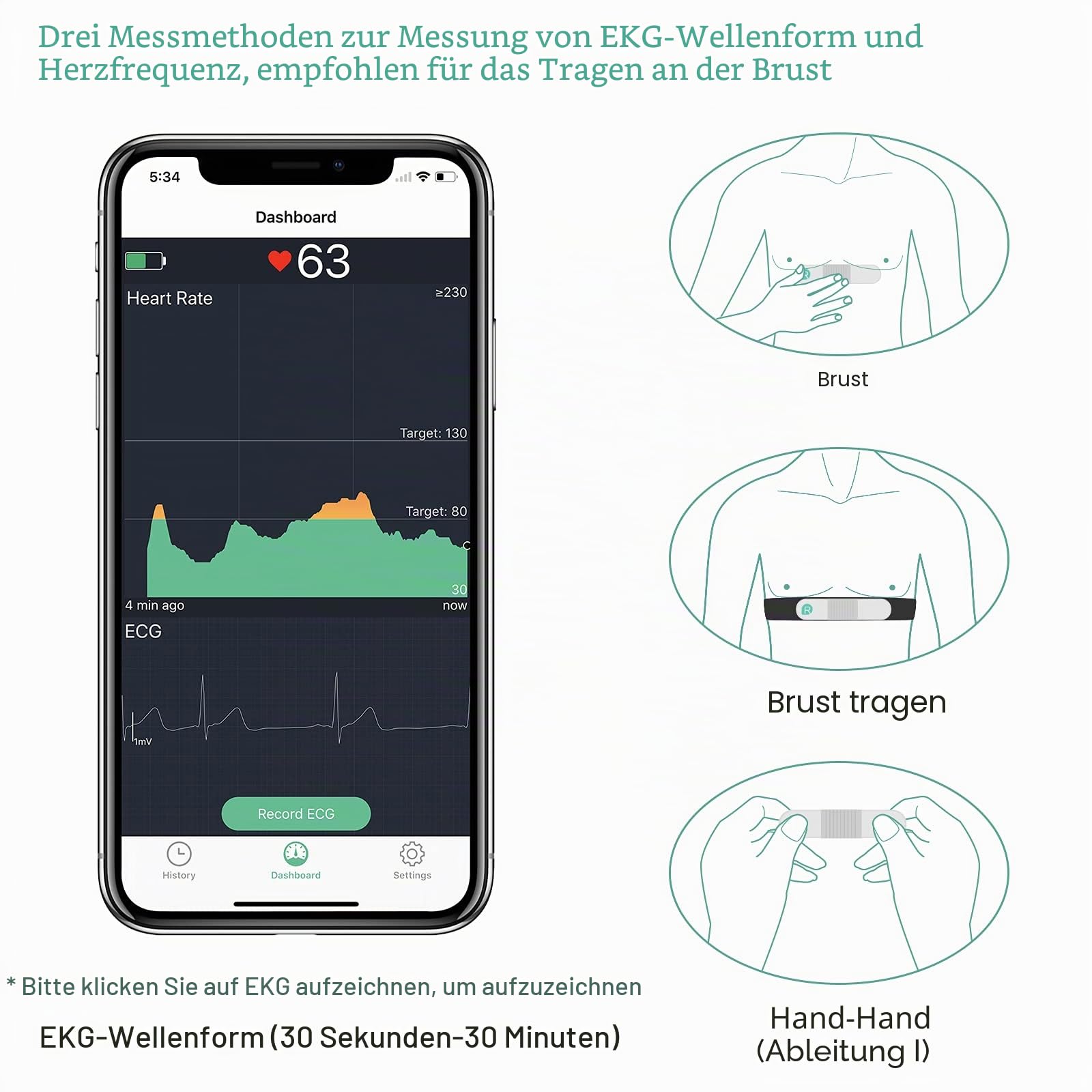 Wellue VisualBeat Brustgurt Herzfrequenzmesser, ANT +, Bluetooth, 24-Stunden-Herzfrequenzmessung, APP mit EKG Funktion, Tragbarer Herzfrequenz Sensor mit Vibrationsalarm