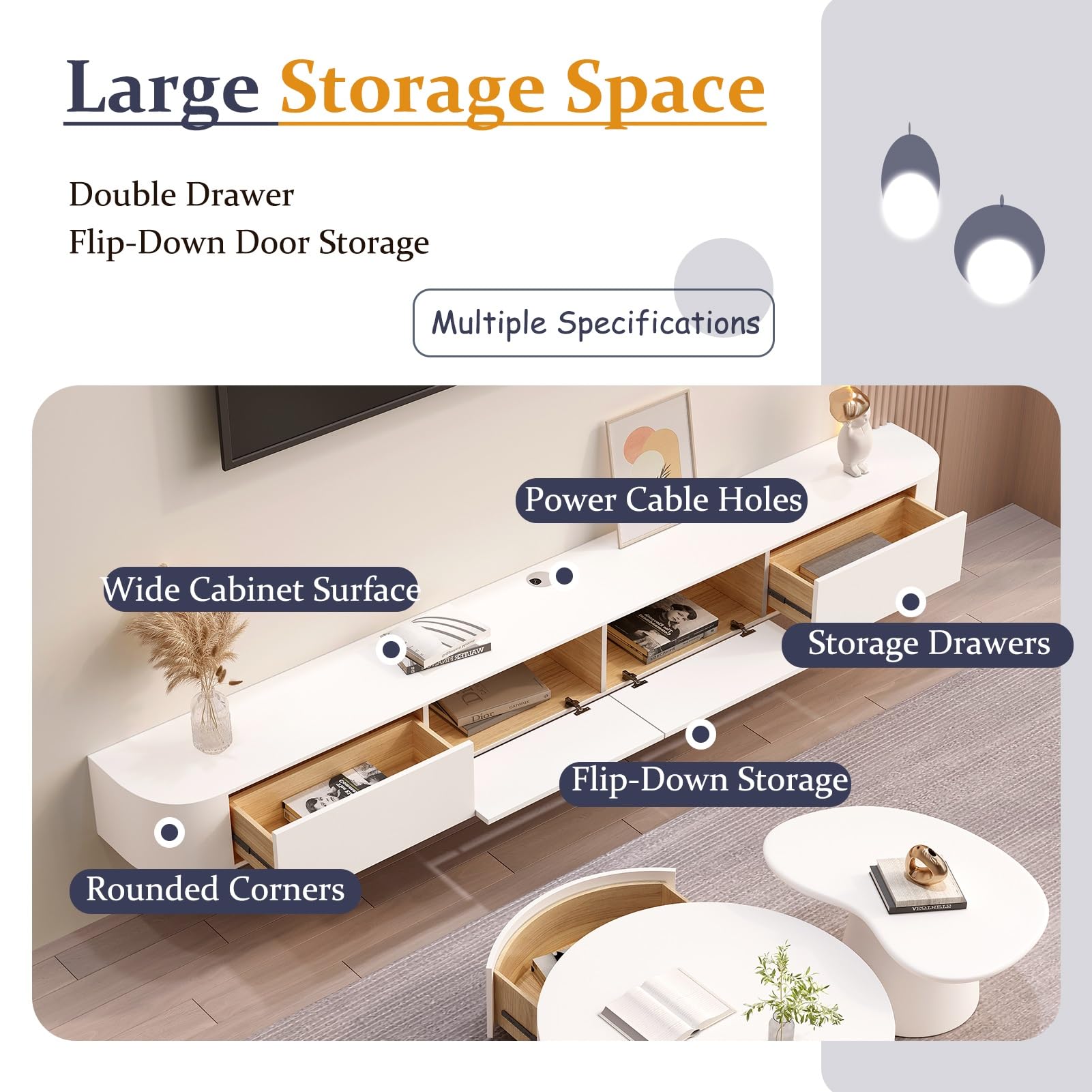 Floating TV Unit, Wall Mounted TV Cabinet, Floating Shelves With 4 Cabinets, Wooden Entertainment Media Console Center Large Storage TV Bench For Living Room & Office(White,200cm)