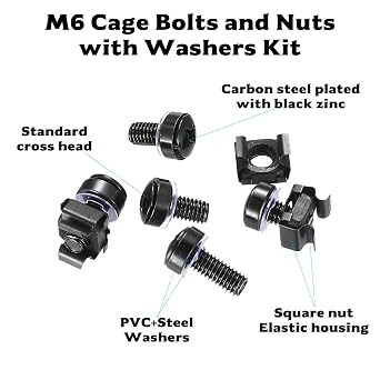 110 Pcs Rack Mount Cage Nuts Set, M6x16/20mm Server Rack Screws and Cage Nuts and Bolts & Washers Set for Audio Server Data Cabinets Console Mounting Routers Shelves, Inclu 22 Cable Ties(Black)