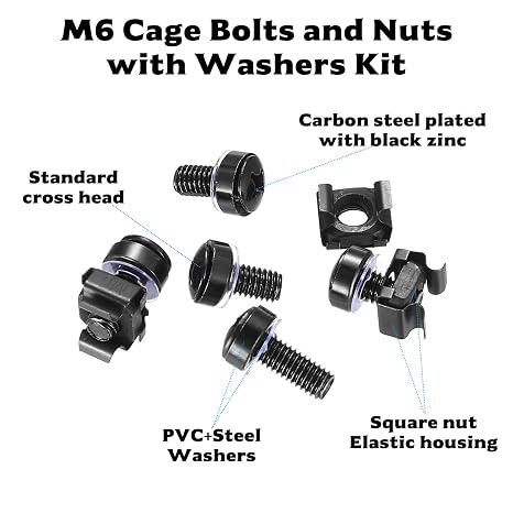 110 Pcs Rack Mount Cage Nuts Set, M6x16/20mm Server Rack Screws and Cage Nuts and Bolts & Washers Set for Audio Server Data Cabinets Console Mounting Routers Shelves, Inclu 22 Cable Ties(Black)