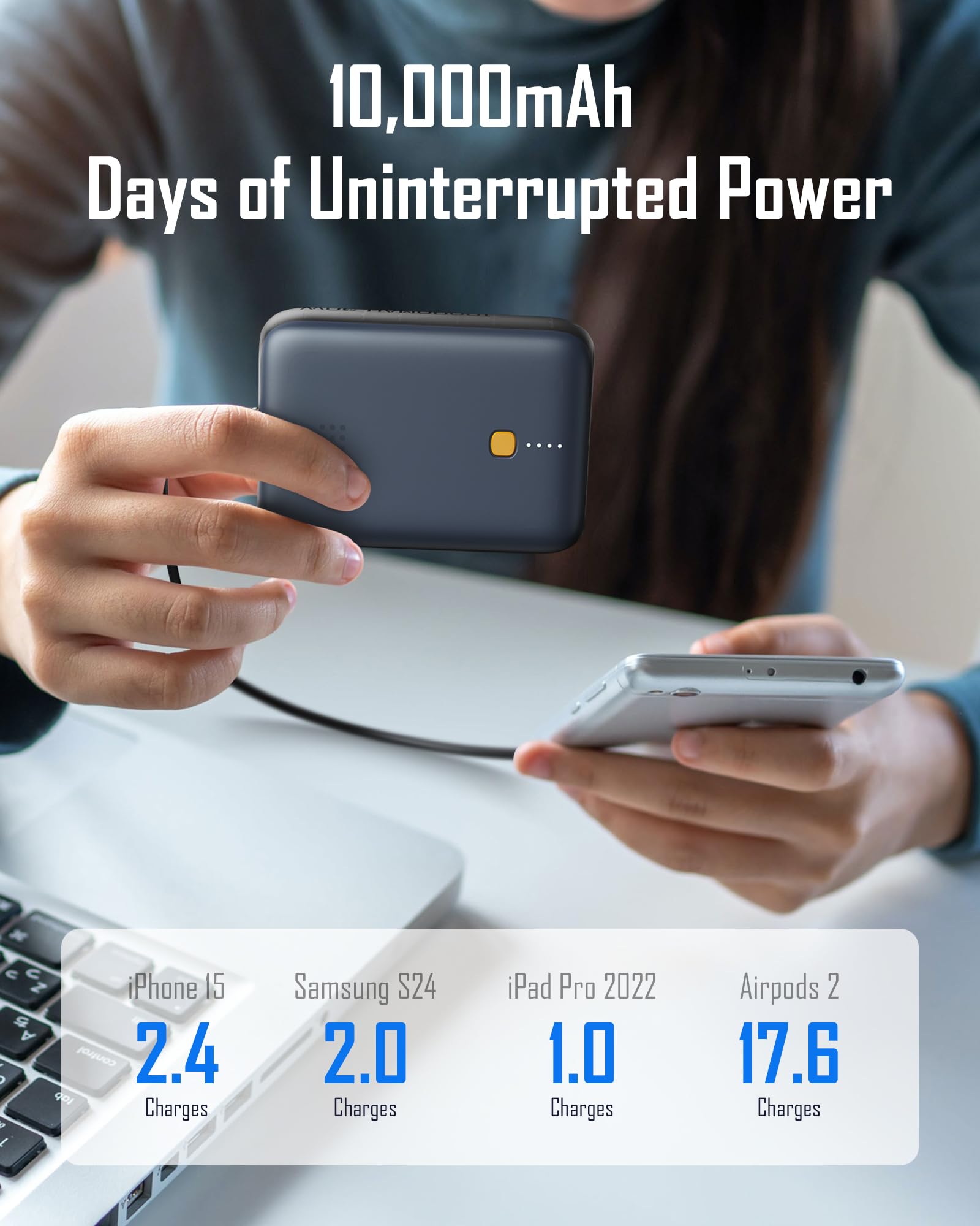 VOLTME Power Bank 10,000mAh USB-C PD30W, Caricatore Portatile Ricarica Rapida 2-Port,USB-A 22.5W Hypercore 10K Pro blu, Batteria esterna piccola e piatta per il viaggio carica veloce smartphone